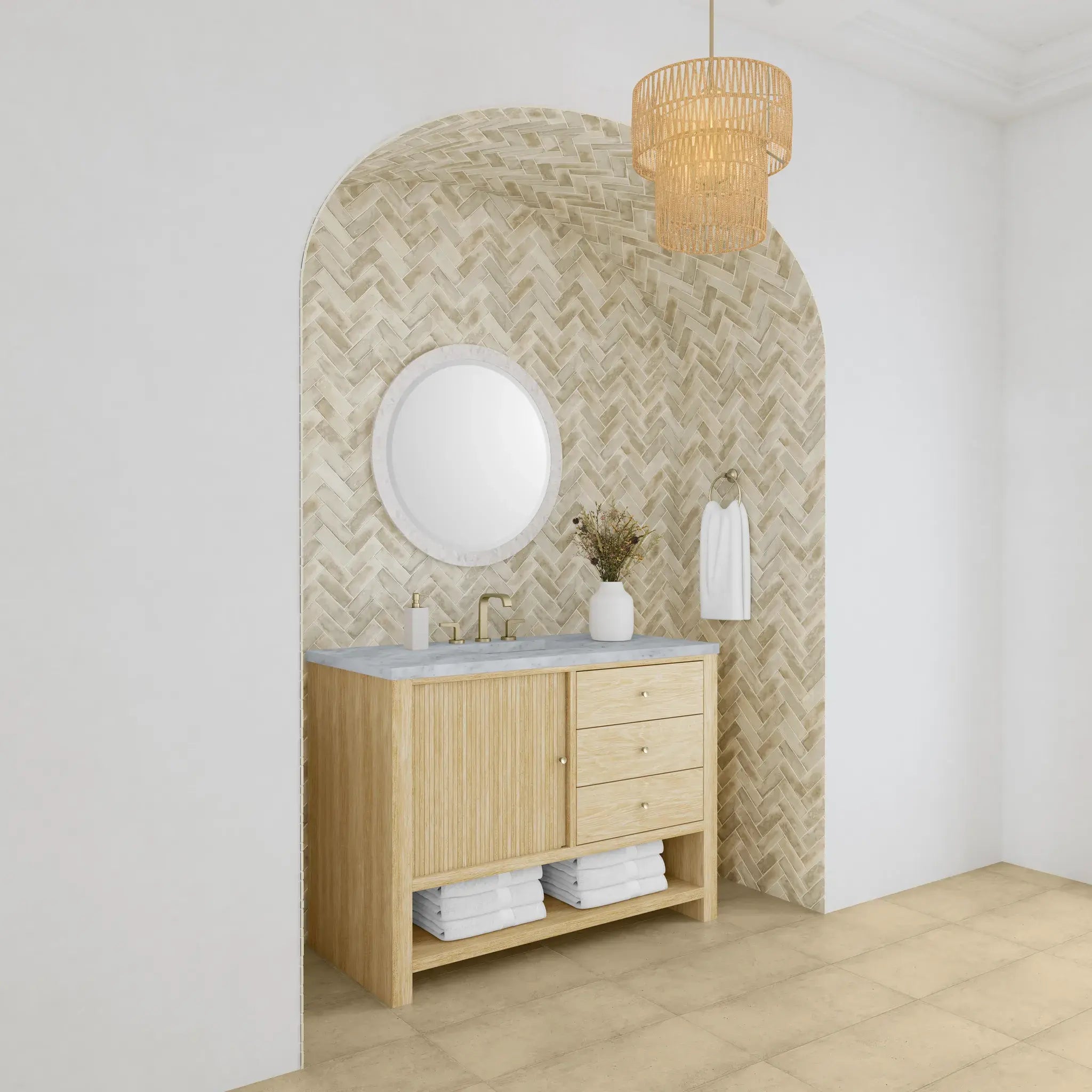 48" Marigot Single Vanity in Sunwashed Oak-Carrara White Marble-8" Widespread image 3