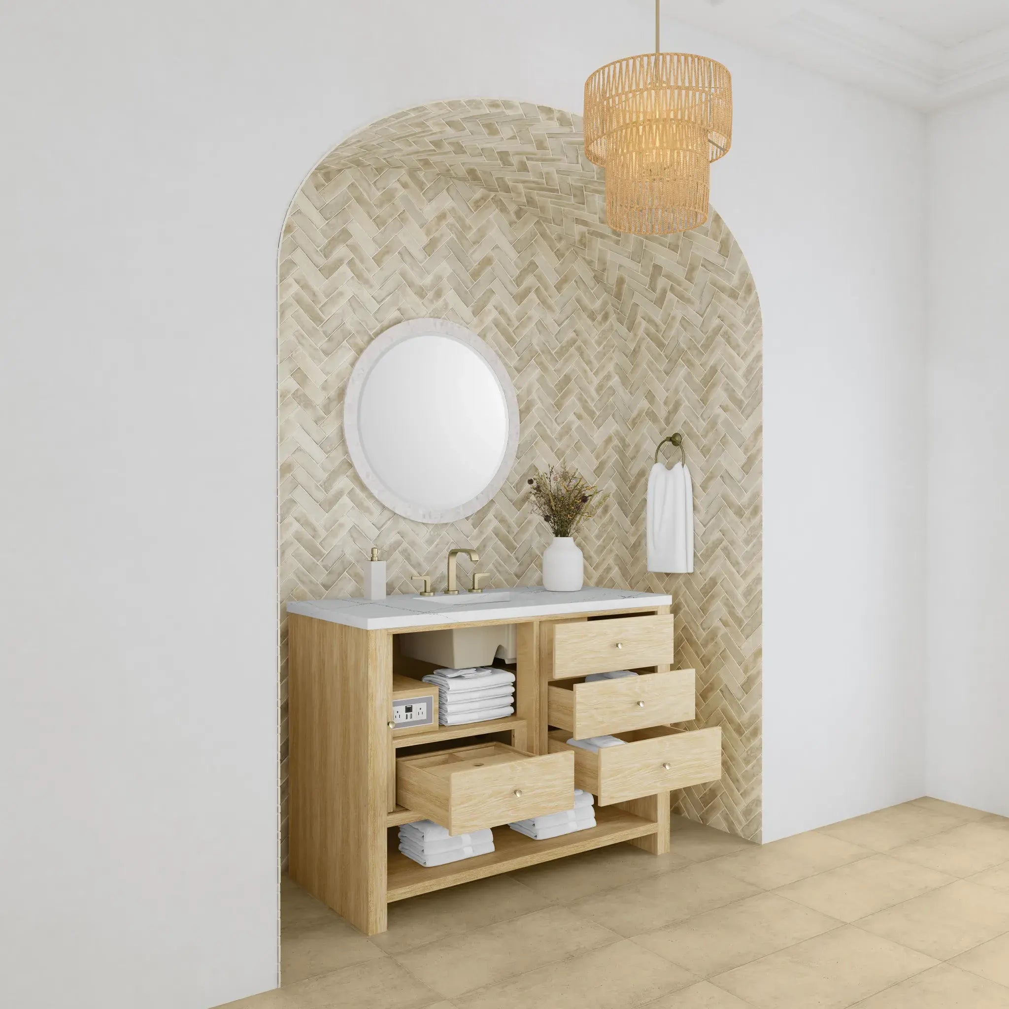48" Marigot Single Vanity in Sunwashed Oak-Ethereal Noctis Silestone-8" Widespread image 4
