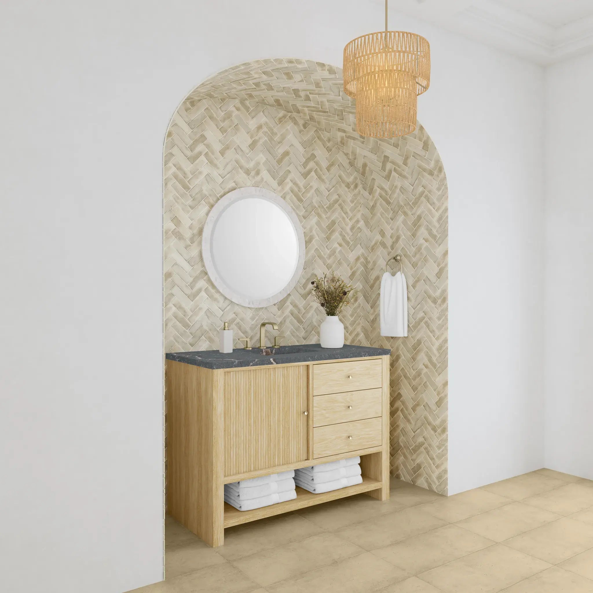 48" Marigot Single Vanity in Sunwashed Oak-Parisien Bleu Silestone-8" Widespread image 3