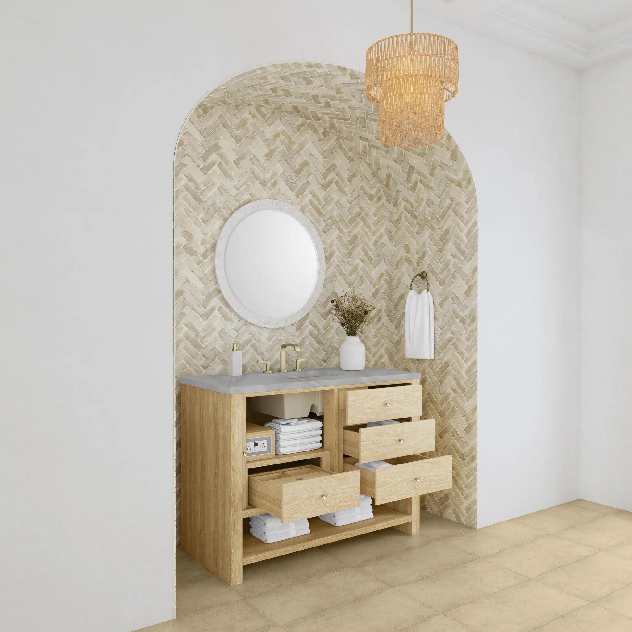 48" Marigot Single Vanity in Sunwashed Oak w/FreePower Wireless Charger-Victorian Silver Silestone-8" Widespread image 6