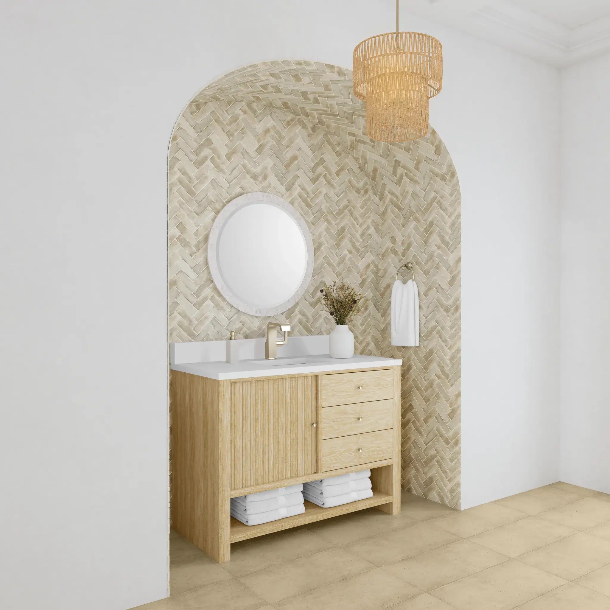 48" Marigot Single Vanity in Sunwashed Oak-White Zeus Silestone & Backsplash-Single Hole image 3