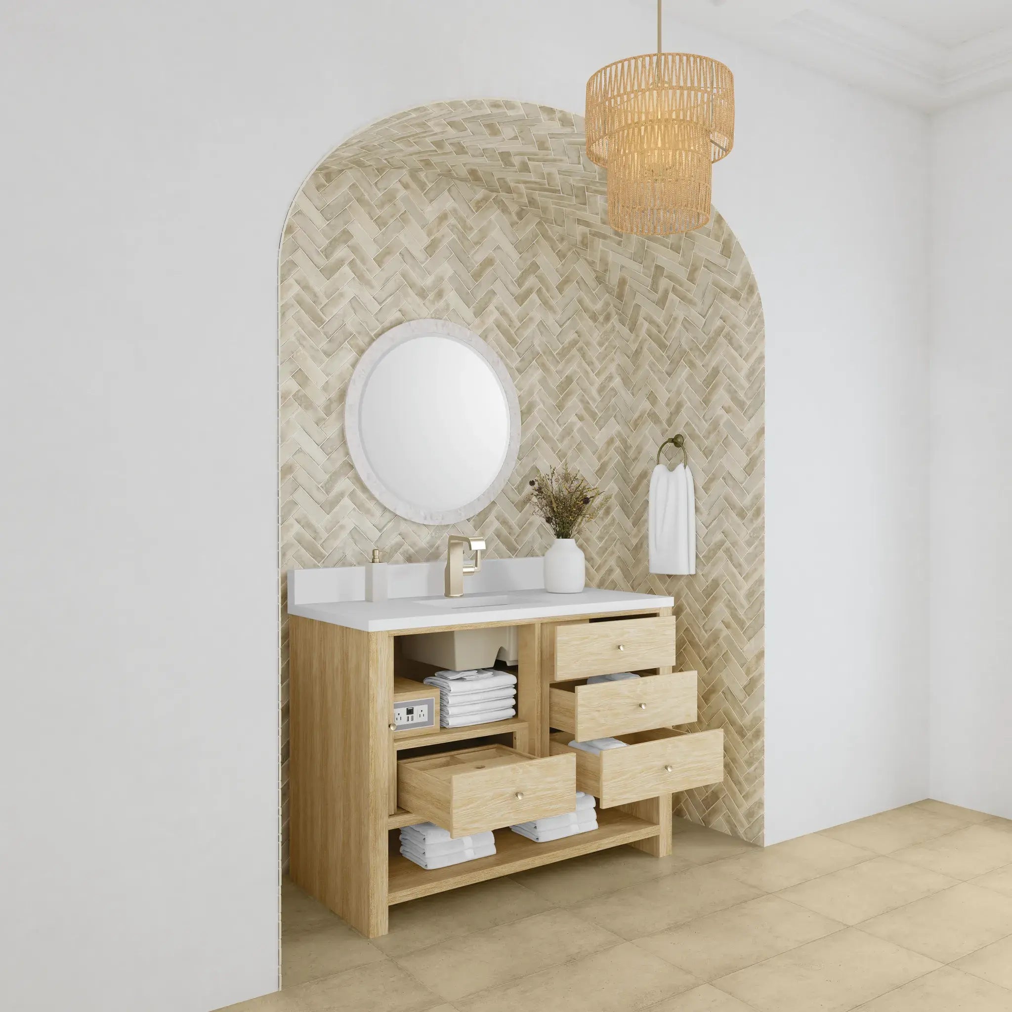 48" Marigot Single Vanity in Sunwashed Oak-White Zeus Silestone & Backsplash-Single Hole image 4