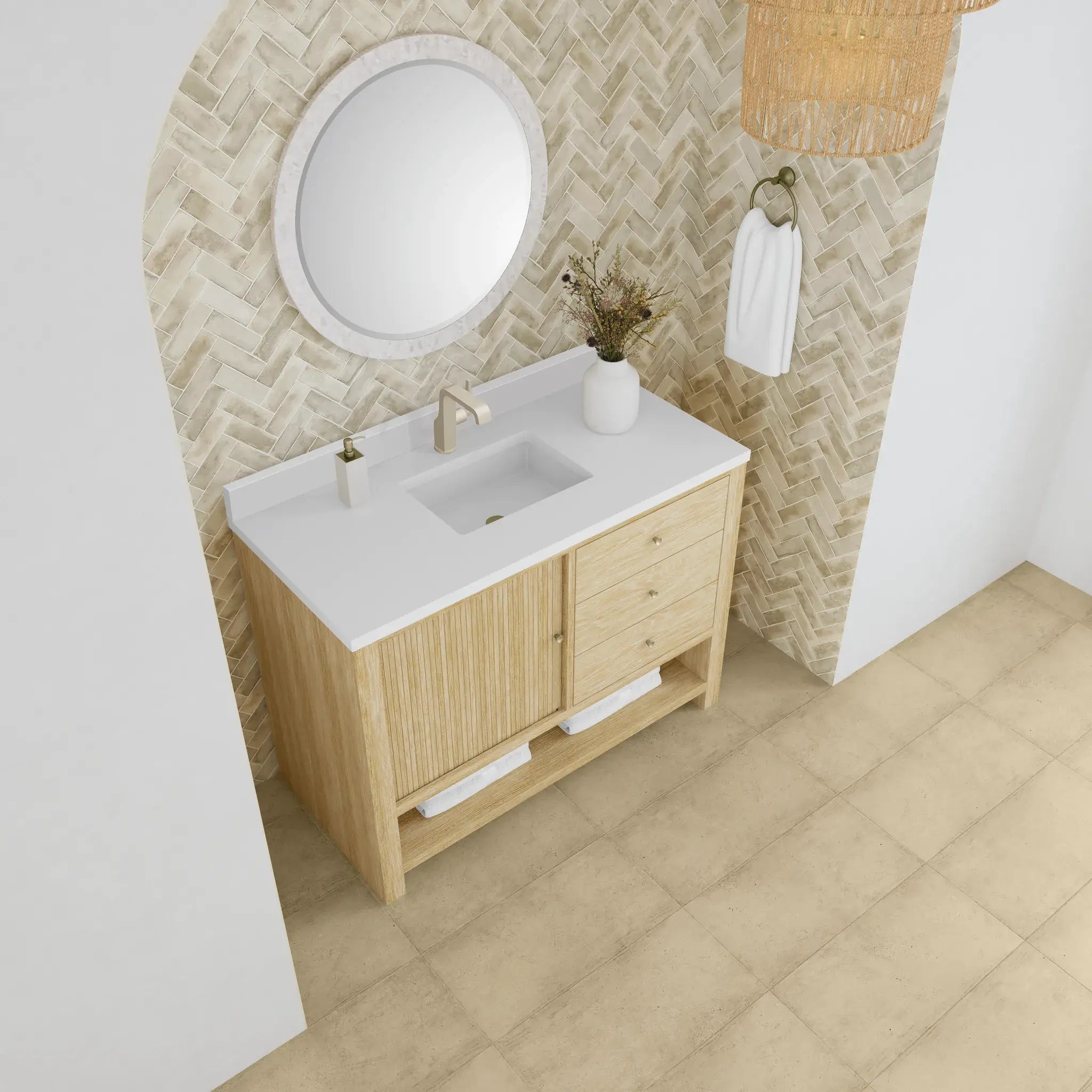 48" Marigot Single Vanity in Sunwashed Oak-White Zeus Silestone & Backsplash-Single Hole image 6