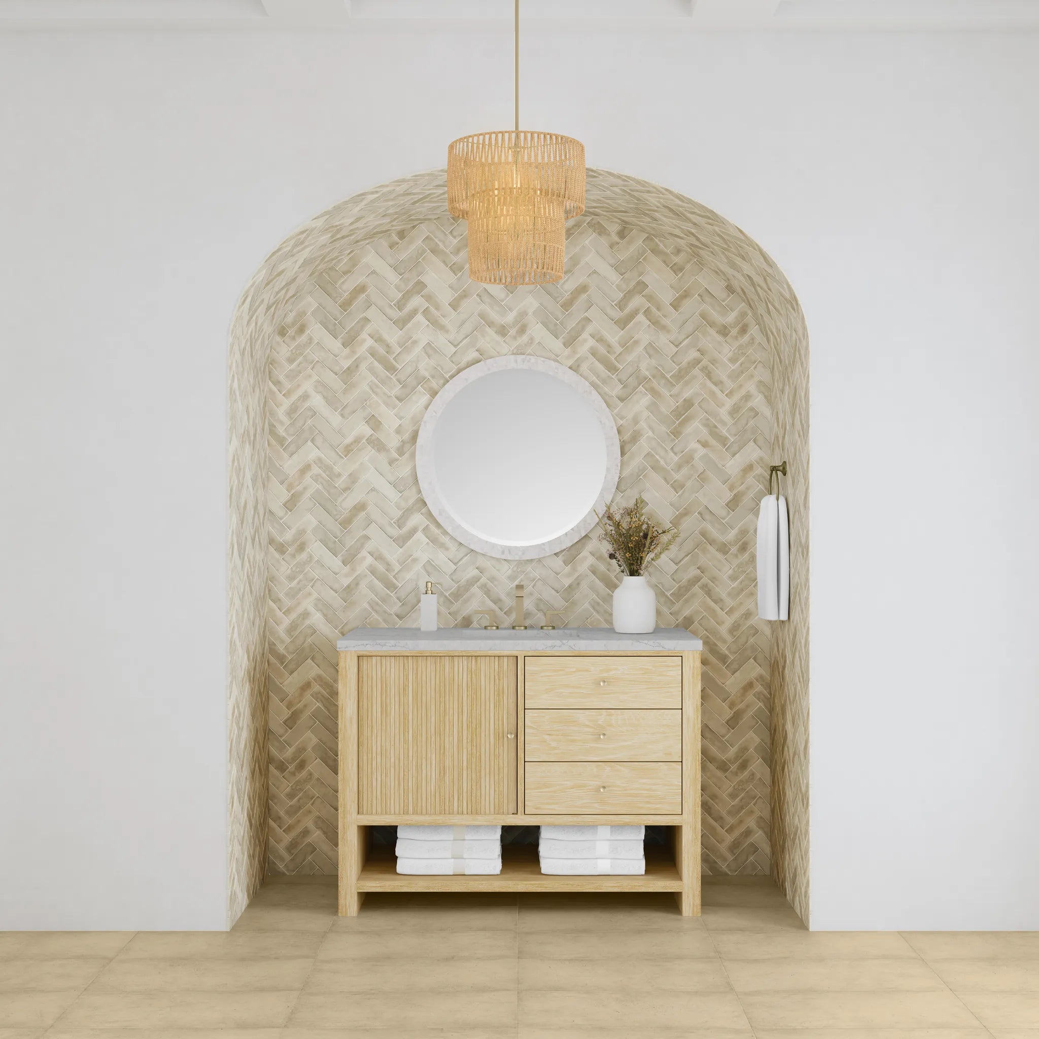 48" Marigot Single Vanity in Sunwashed Oak Wireless Charger-Eternal Jasmine Pearl Silestone-8" Widespread image 4
