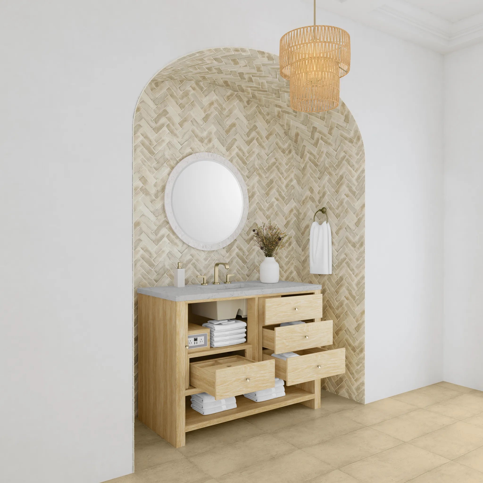 48" Marigot Single Vanity in Sunwashed Oak Wireless Charger-Eternal Jasmine Pearl Silestone-8" Widespread image 6