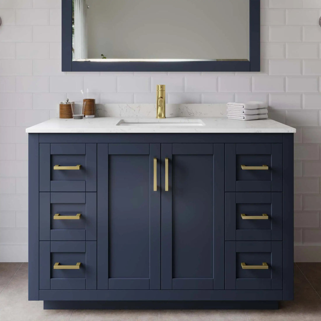 48" Miranda Single Bathroom Vanity in Dark Blue with Brushed Gold Trim & 46" Mirror by Wyndham