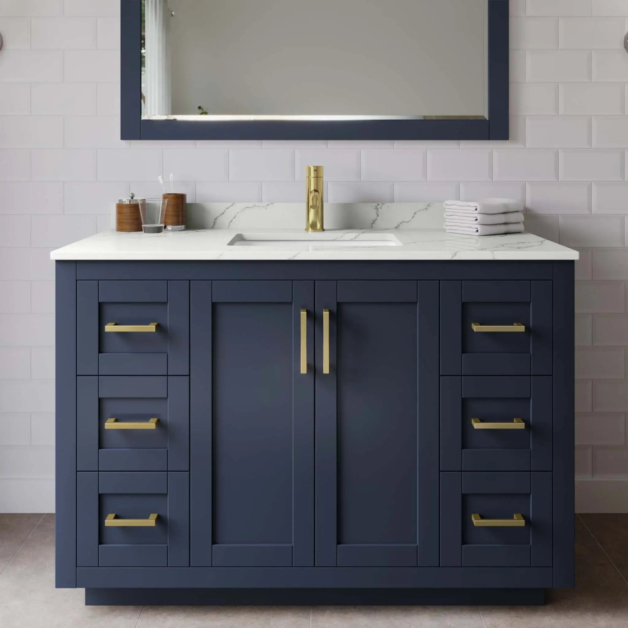 48" Miranda Single Bathroom Vanity in Dark Blue with Brushed Gold Trim & 46" Mirror by Wyndham