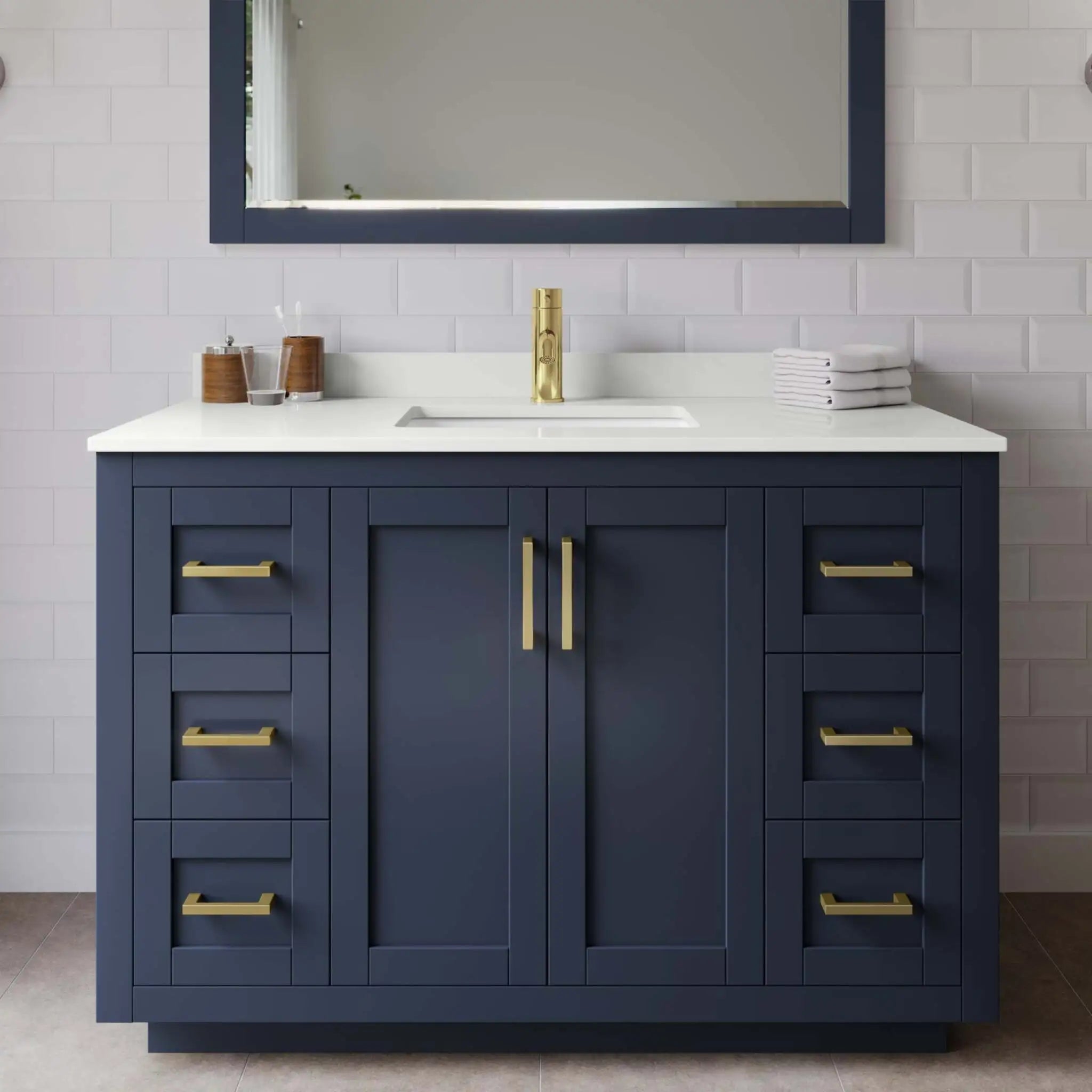48" Miranda Single Bathroom Vanity in Dark Blue with Brushed Gold Trim & 46" Mirror by Wyndham