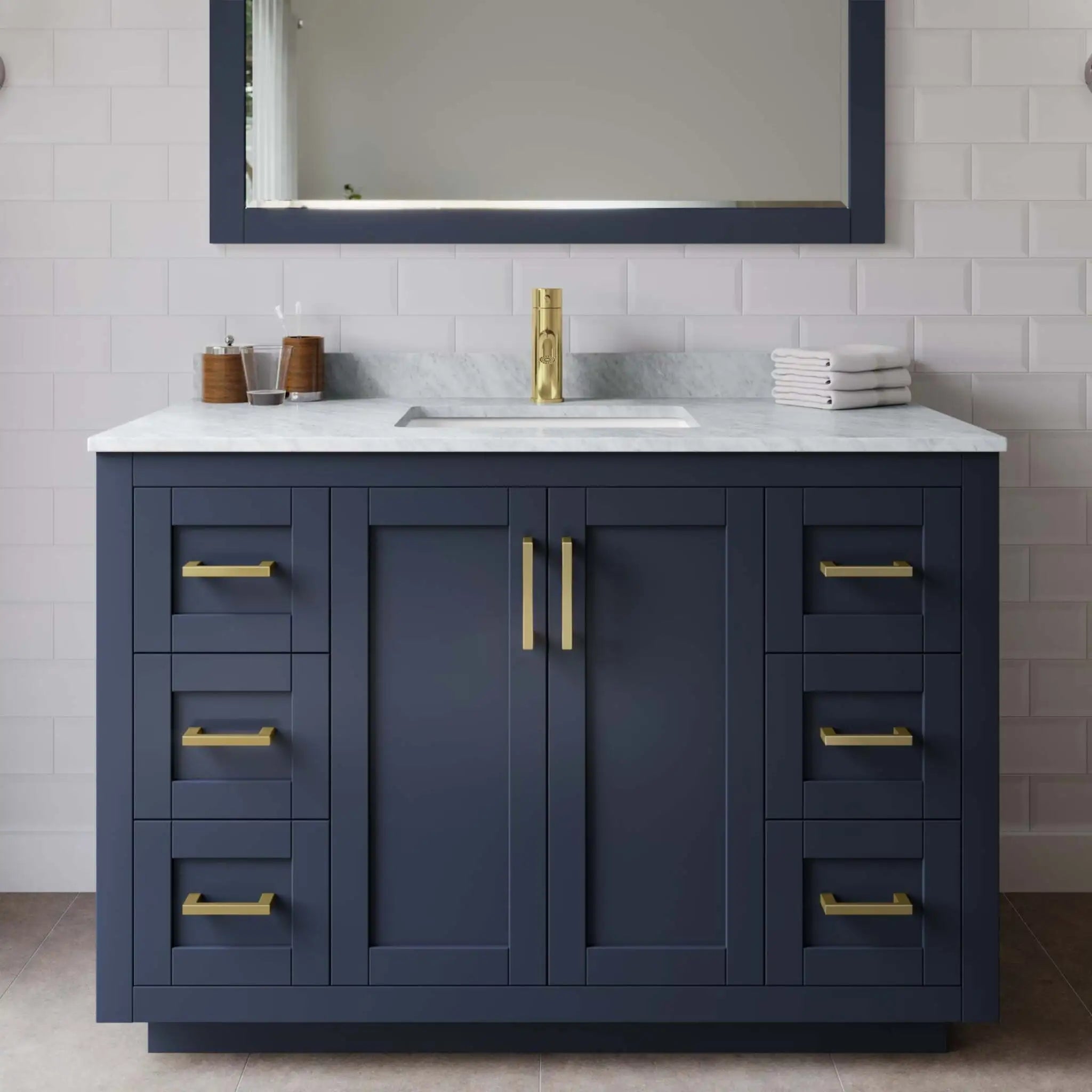 48" Miranda Single Bathroom Vanity in Dark Blue with Brushed Gold Trim by Wyndham