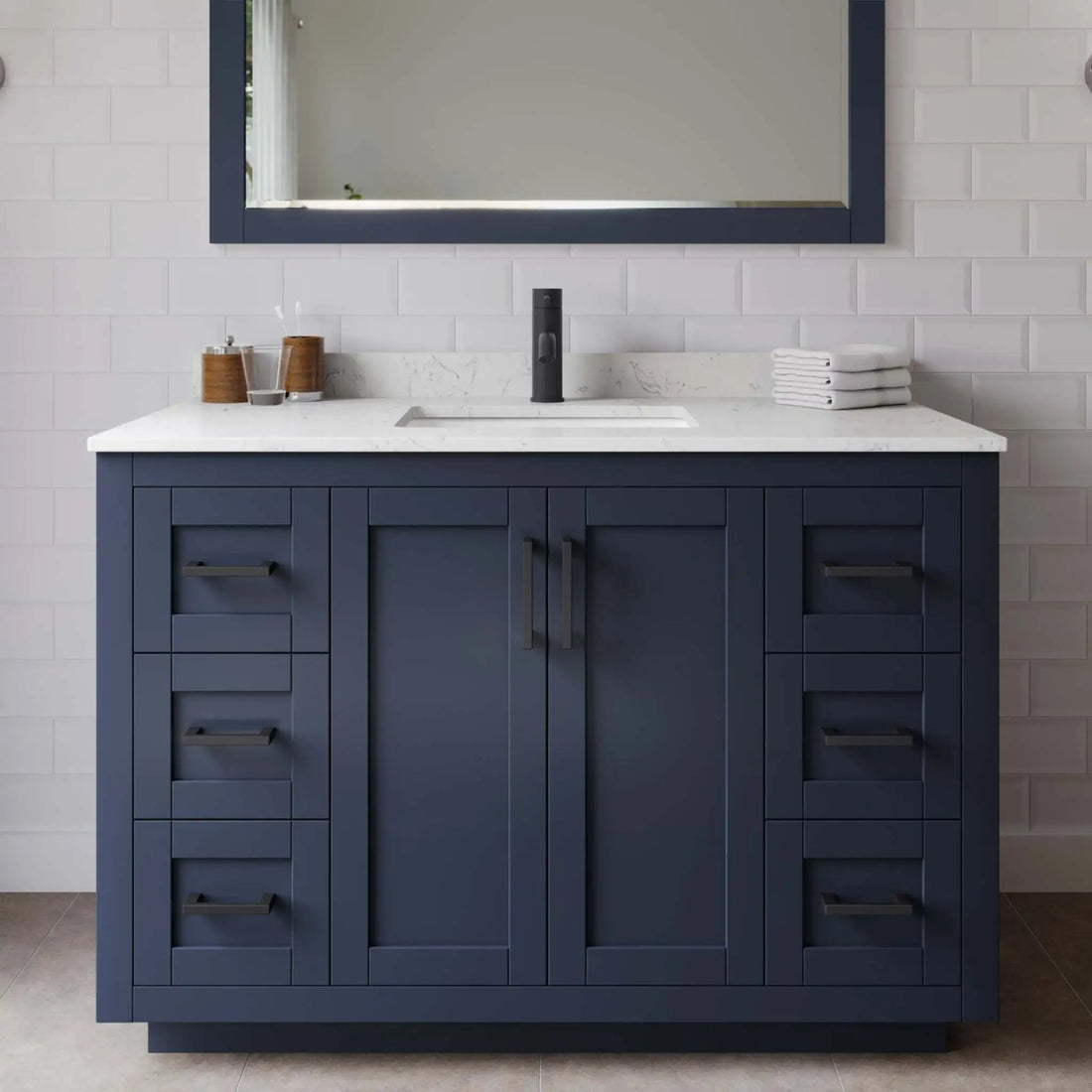 48" Miranda Single Bathroom Vanity in Dark Blue with Matte Black Trim & 46" Mirror by Wyndham