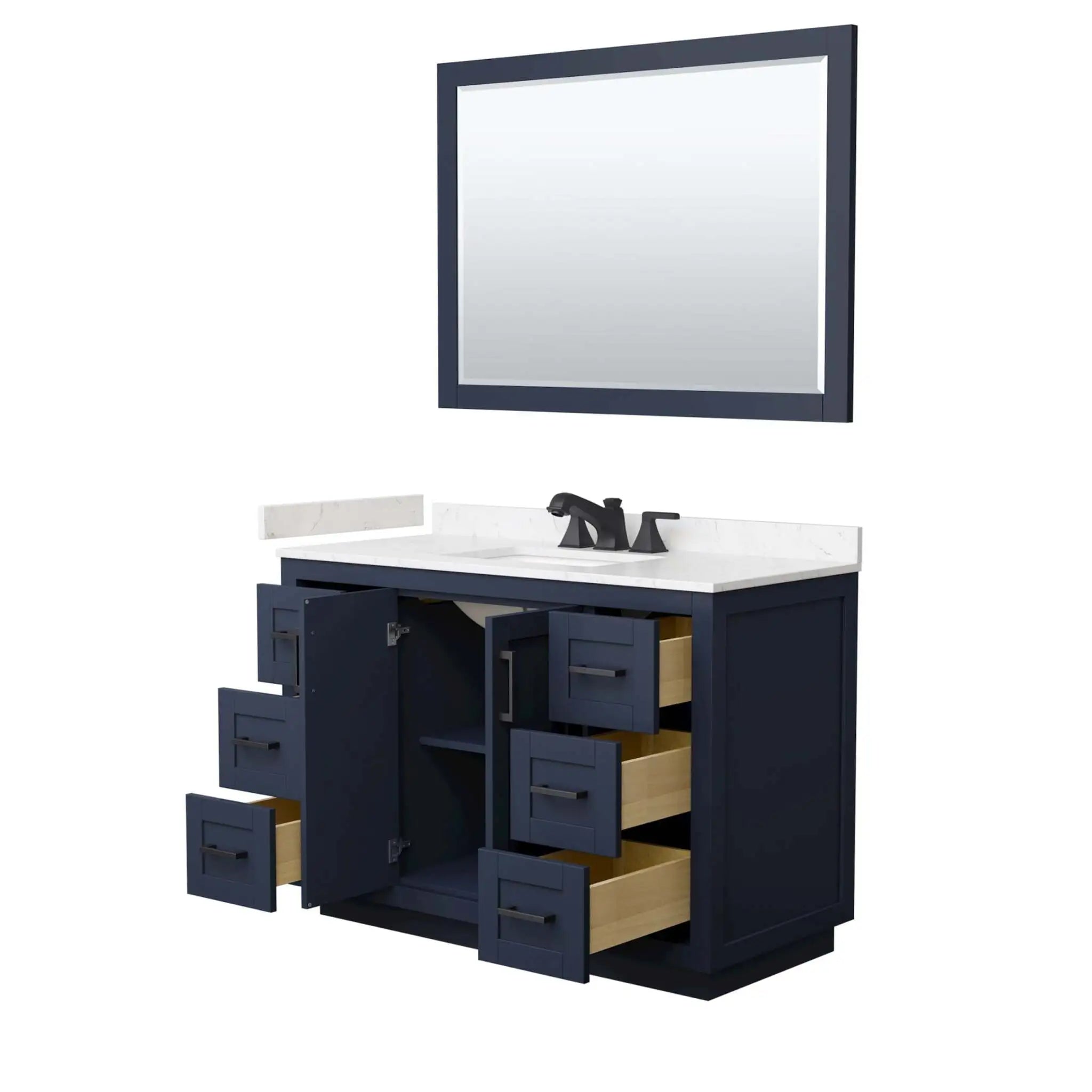 48" Miranda Single Bathroom Vanity in Dark Blue with Matte Black Trim & 46" Mirror by Wyndham