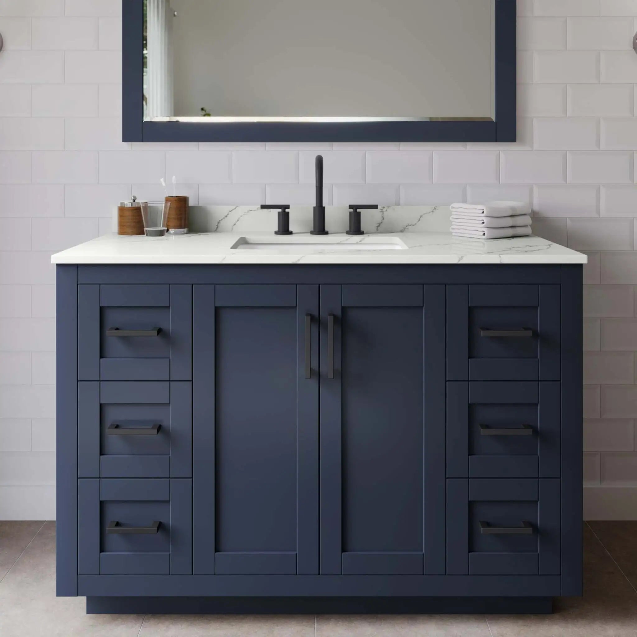 48" Miranda Single Bathroom Vanity in Dark Blue with Matte Black Trim & 46" Mirror by Wyndham