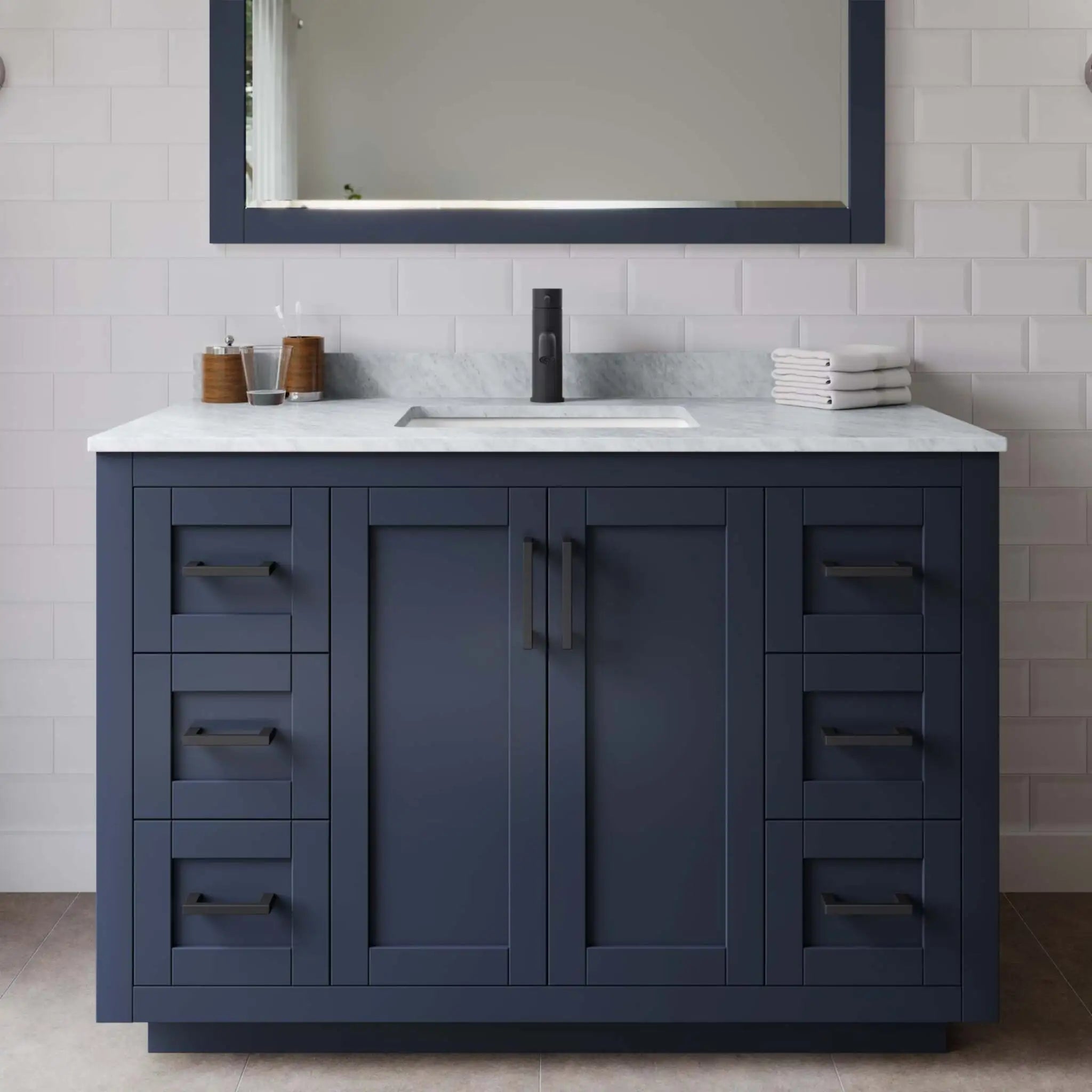 48" Miranda Single Bathroom Vanity in Dark Blue with Matte Black Trim & 46" Mirror by Wyndham