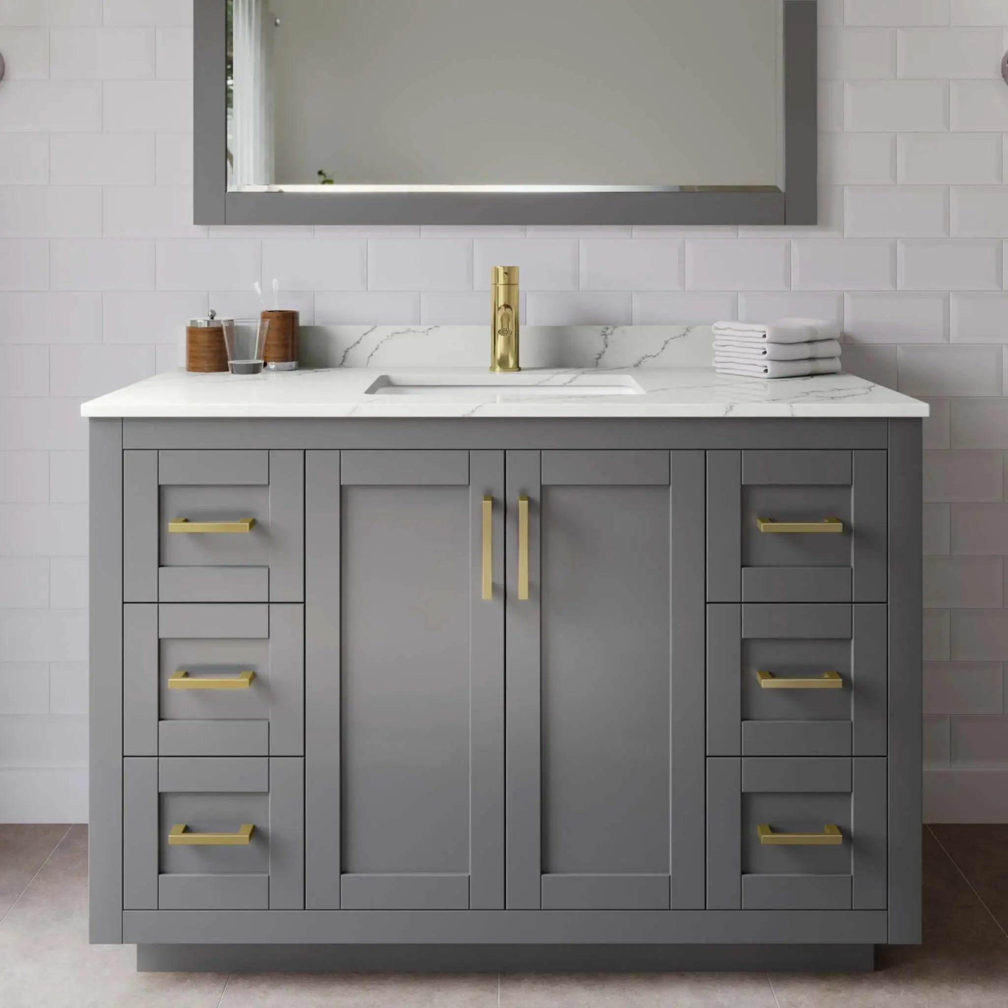 48" Miranda Single Bathroom Vanity in Dark Gray with Brushed Gold Trim & 46" Mirror by Wyndham