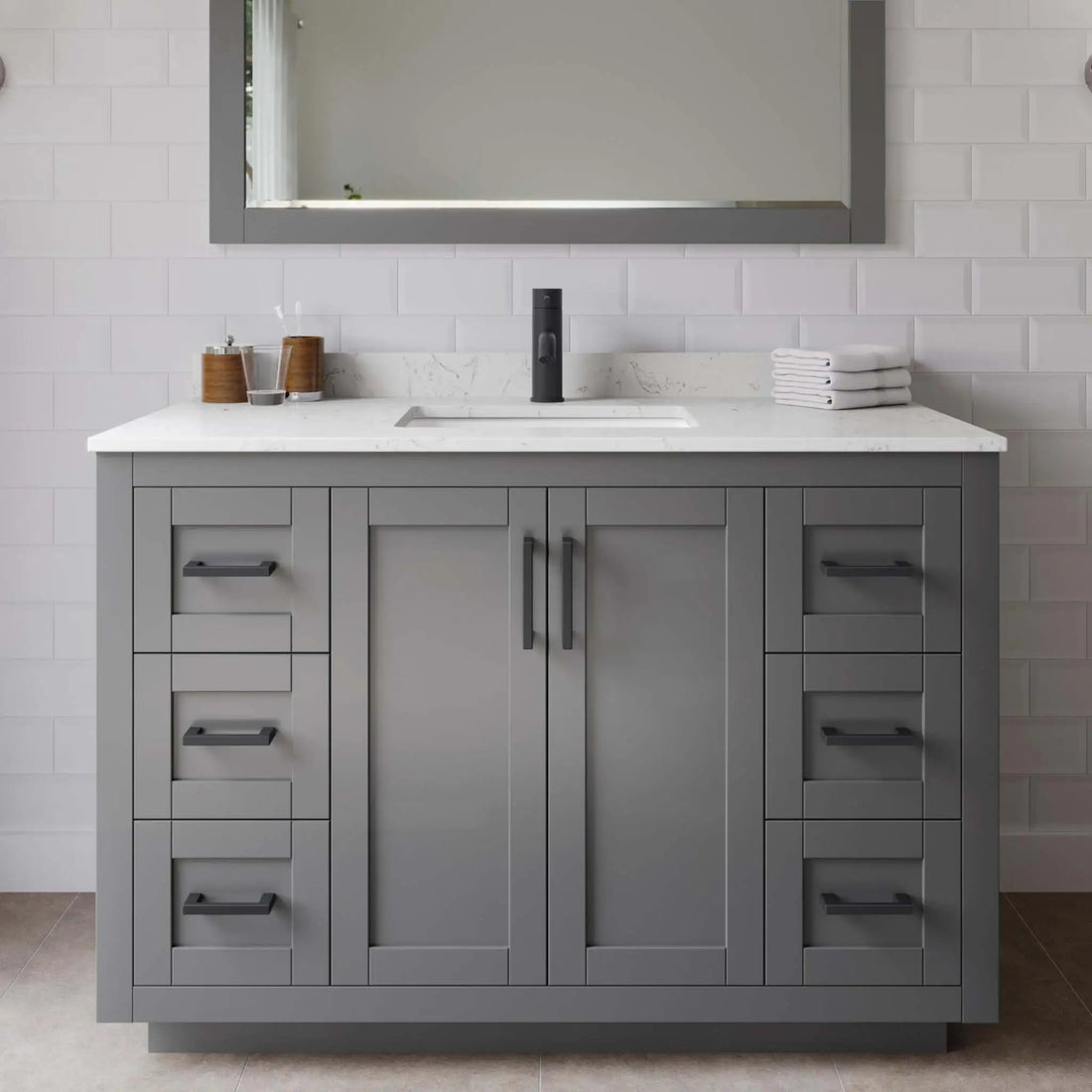 48" Miranda Single Bathroom Vanity in Dark Gray with Matte Black Trim & 46" Mirror by Wyndham