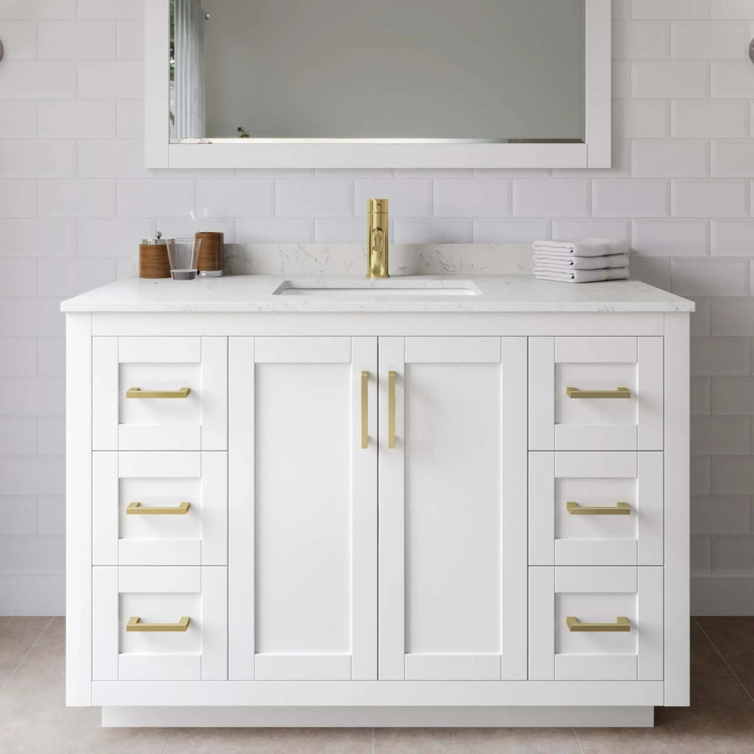 48" Miranda Single Bathroom Vanity in White with Brushed Gold Trim & 46" Mirror by Wyndham