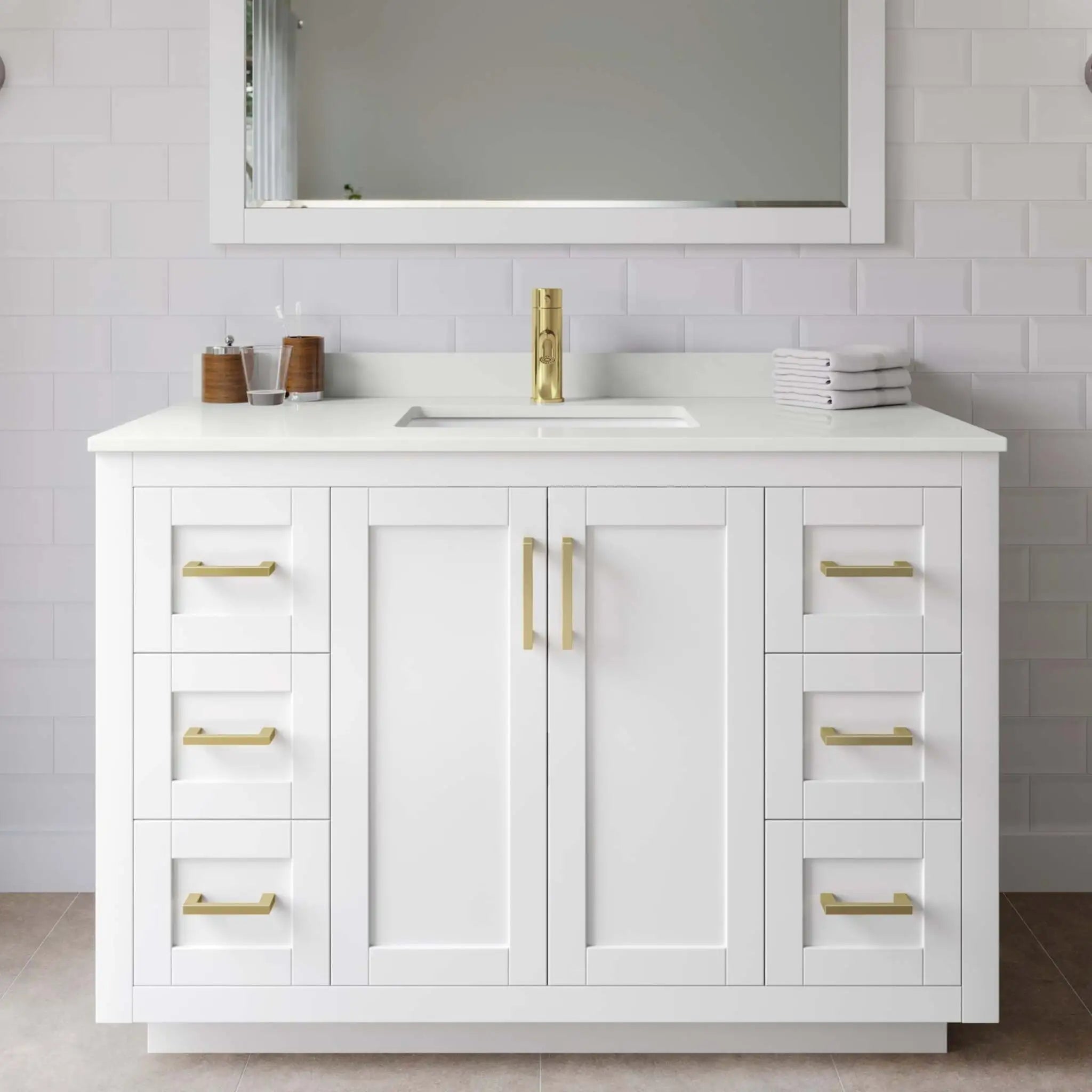 48" Miranda Single Bathroom Vanity in White with Brushed Gold Trim & 46" Mirror by Wyndham
