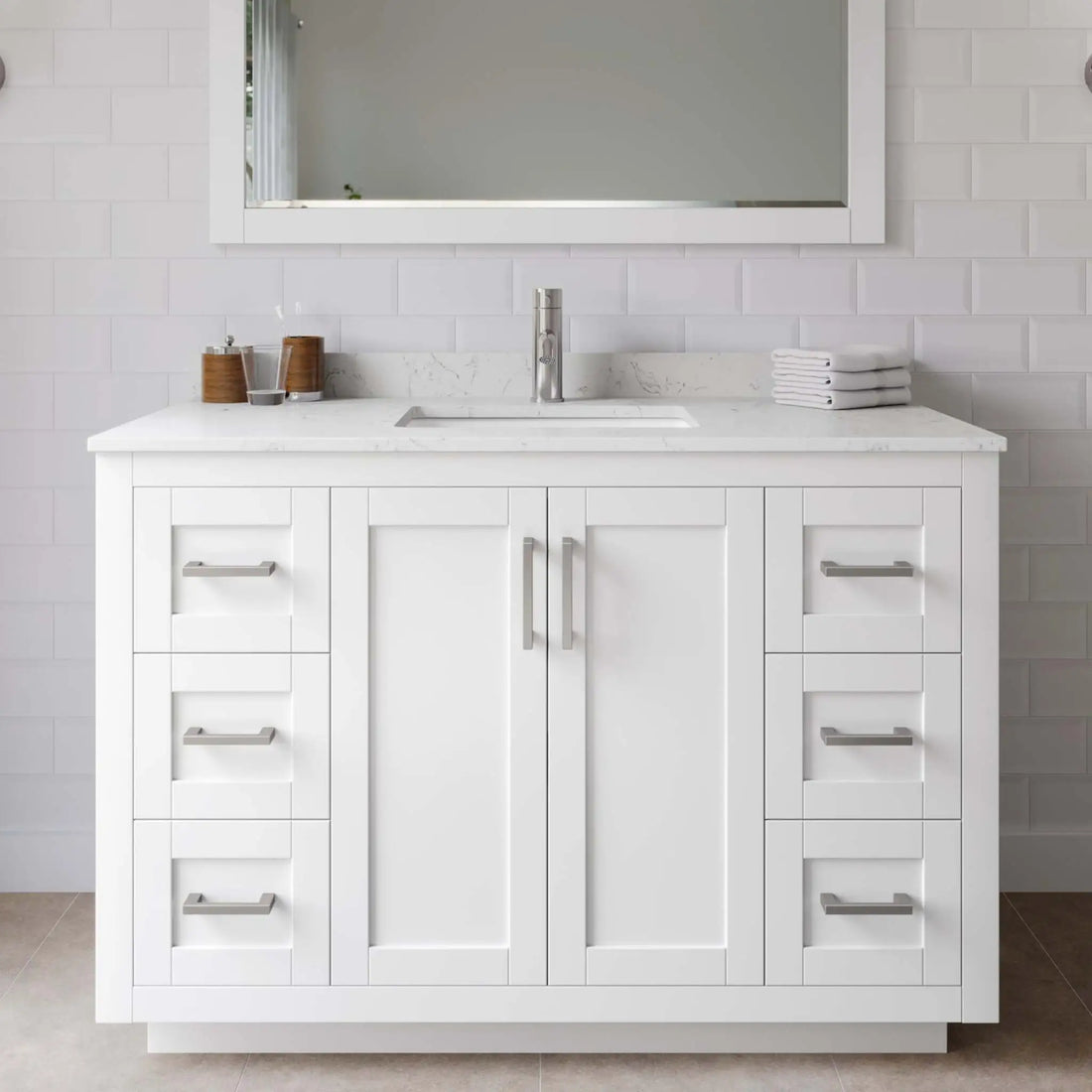 48" Miranda Single Bathroom Vanity in White with Brushed Nickel Trim & 46" Mirror by Wyndham