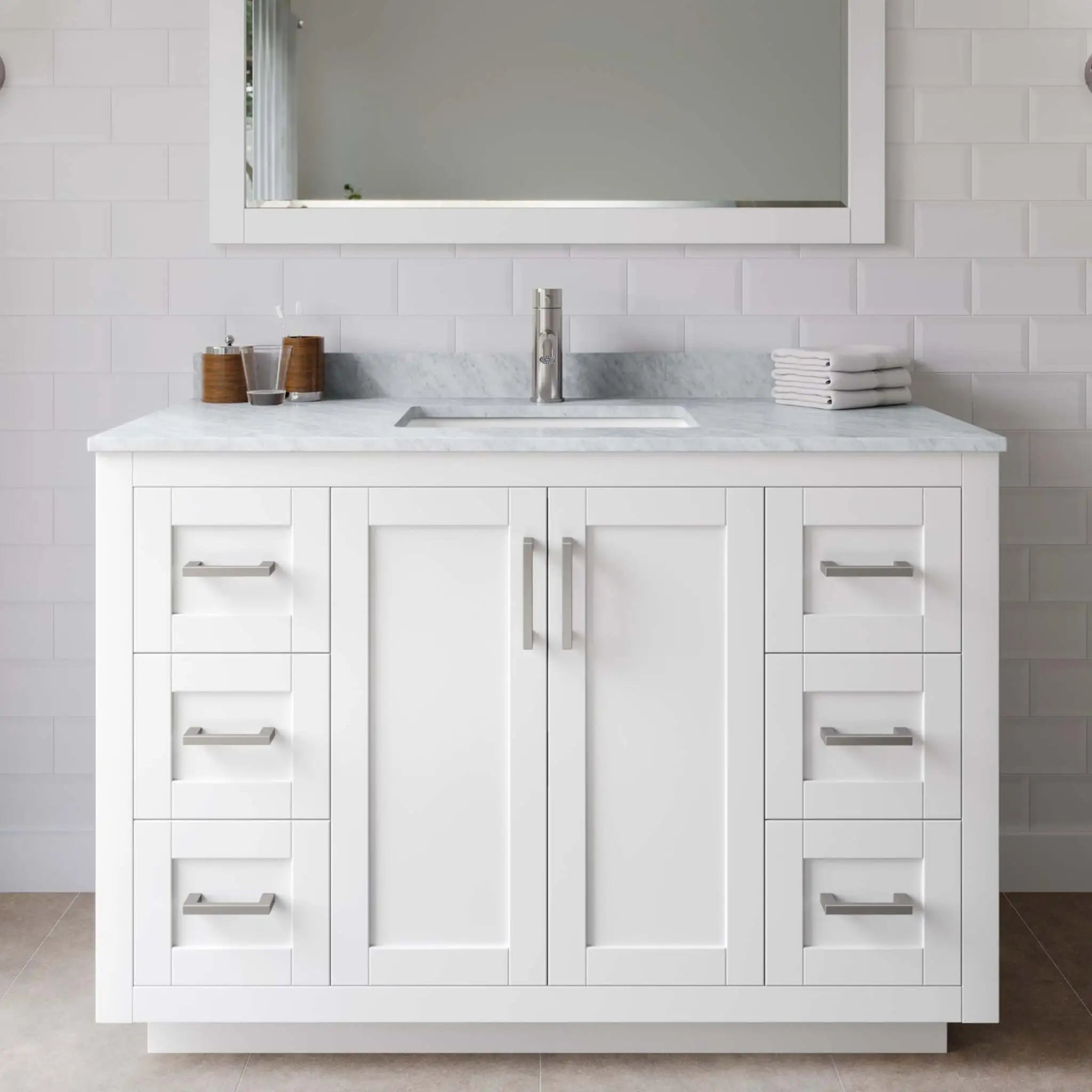 48" Miranda Single Bathroom Vanity in White with Brushed Nickel Trim & 46" Mirror by Wyndham
