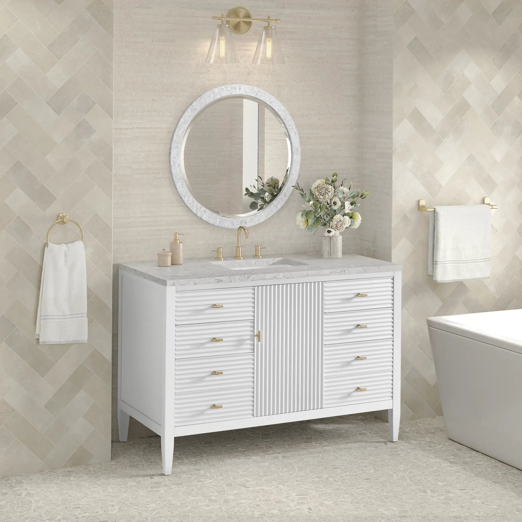 48" Myrrin Single Vanity in Bright White-Eternal Jasmine Pearl Silestone-8" Widespread image 3