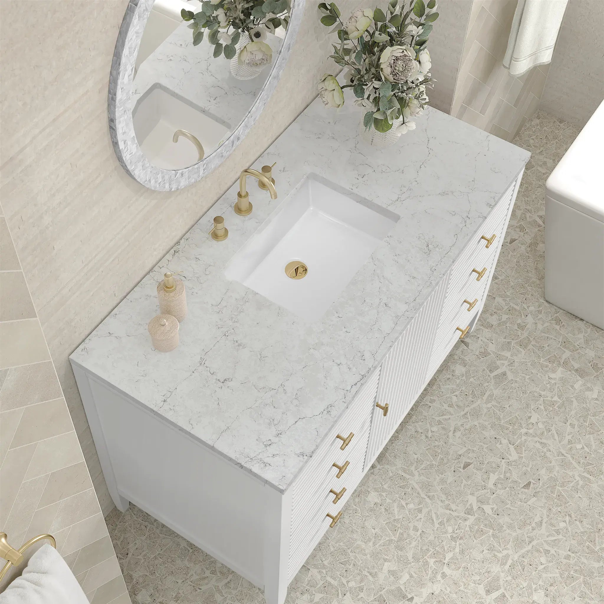 48" Myrrin Single Vanity in Bright White-Eternal Jasmine Pearl Silestone-8" Widespread image 6