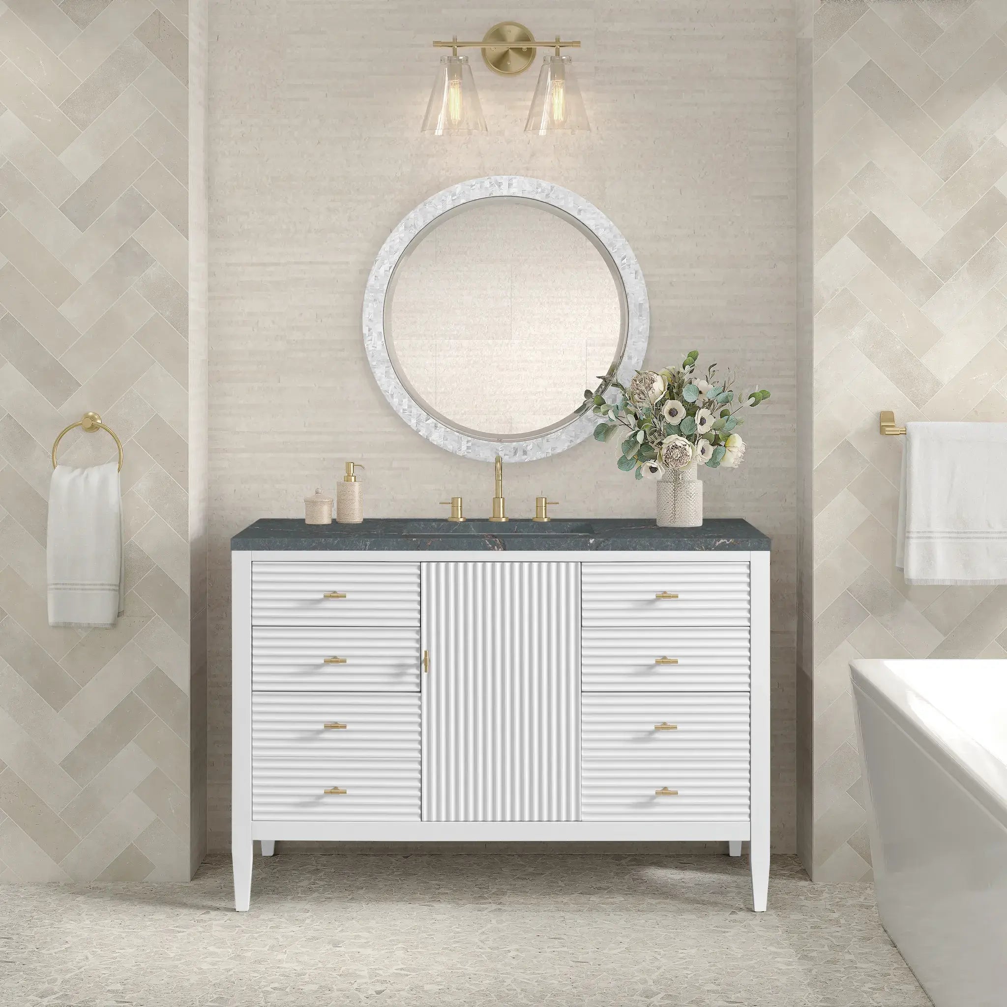 48" Myrrin Single Vanity in Bright White-Parisien Bleu Silestone-8" Widespread image 2
