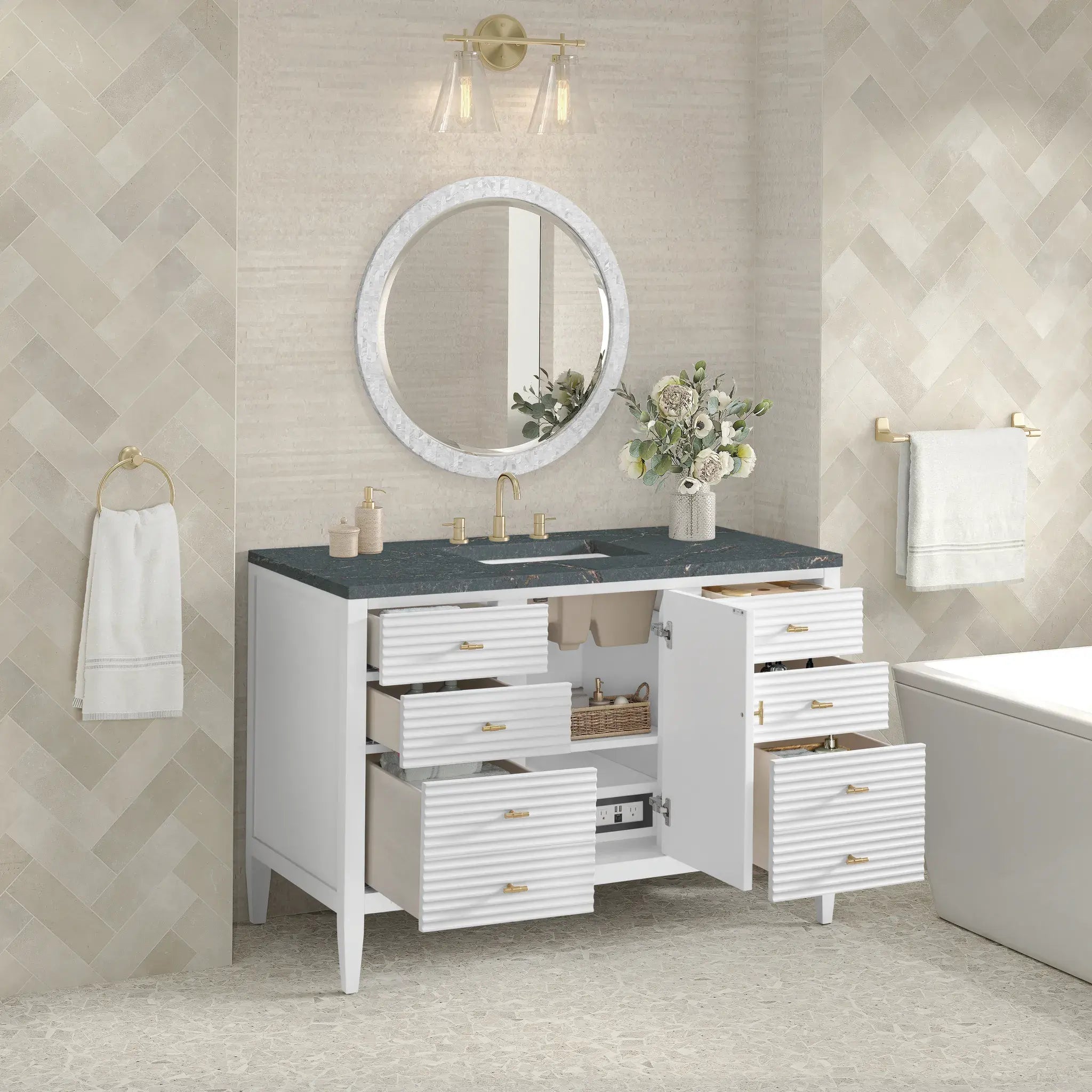 48" Myrrin Single Vanity in Bright White-Parisien Bleu Silestone-8" Widespread image 4