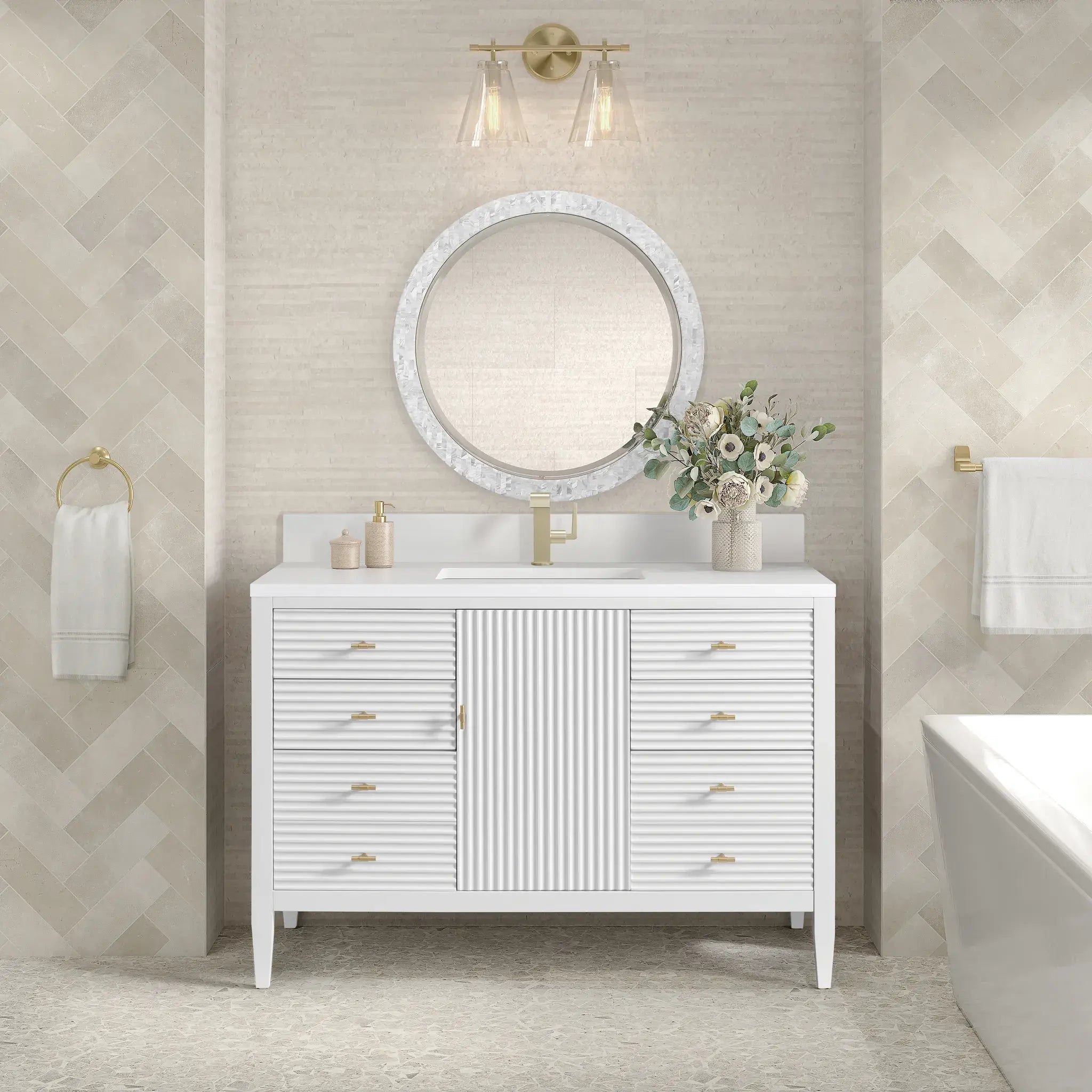 48" Myrrin Single Vanity in Bright White-White Zeus Silestone & Backsplash-Single Hole image 1