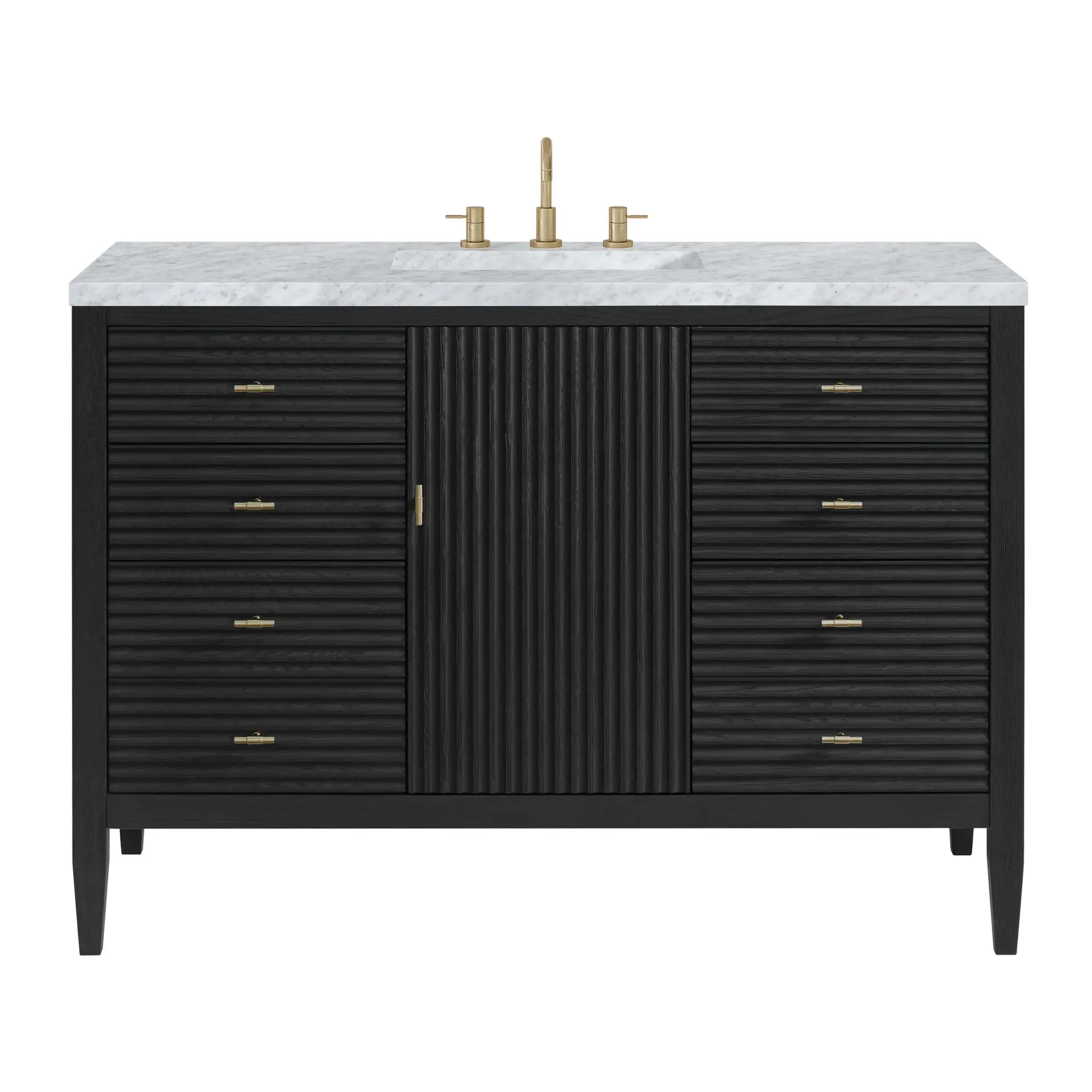 48" Myrrin Single Vanity in Carbon Oak-Carrara White Marble-8" Widespread image