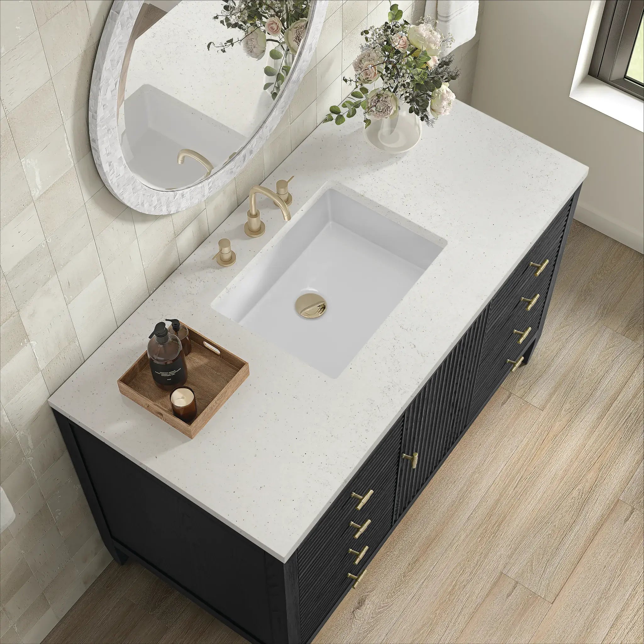 48" Myrrin Single Vanity in Carbon Oak-Lime Delight Silestone-8" Widespread image 6