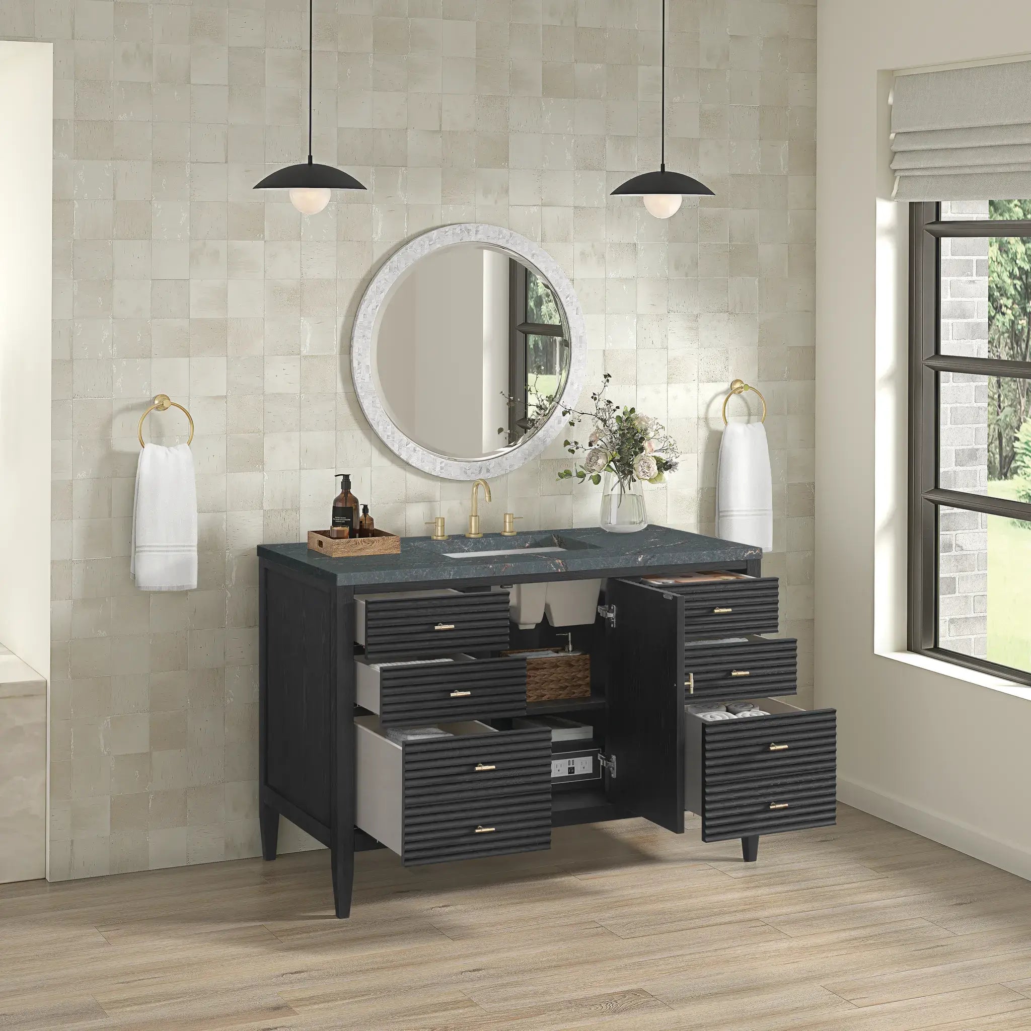 48" Myrrin Single Vanity in Carbon Oak-Parisien Bleu Silestone-8" Widespread image 4