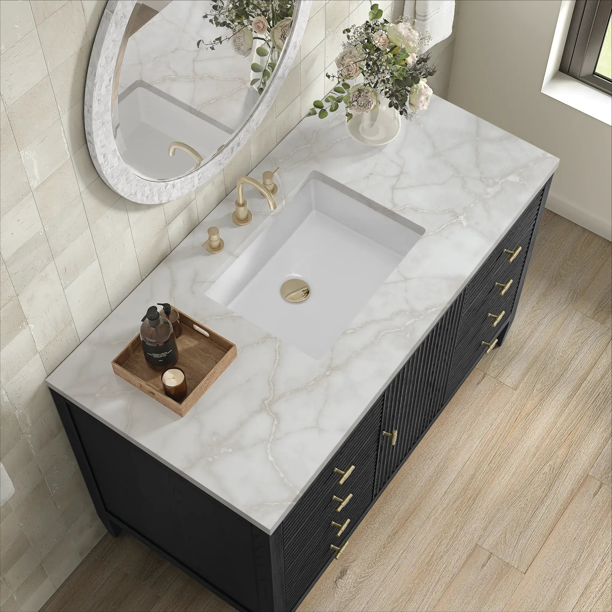 48" Myrrin Single Vanity in Carbon Oak-Victorian Silver Silestone-8" Widespread image 6