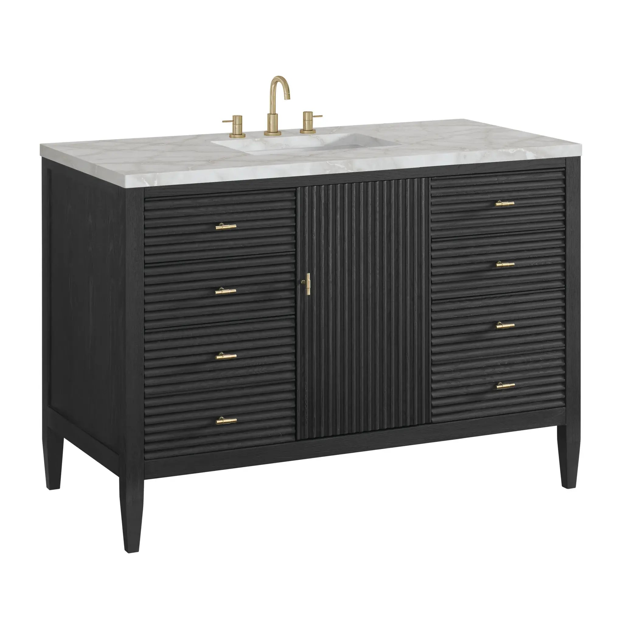 48" Myrrin Single Vanity in Carbon Oak-Victorian Silver Silestone-8" Widespread image 9
