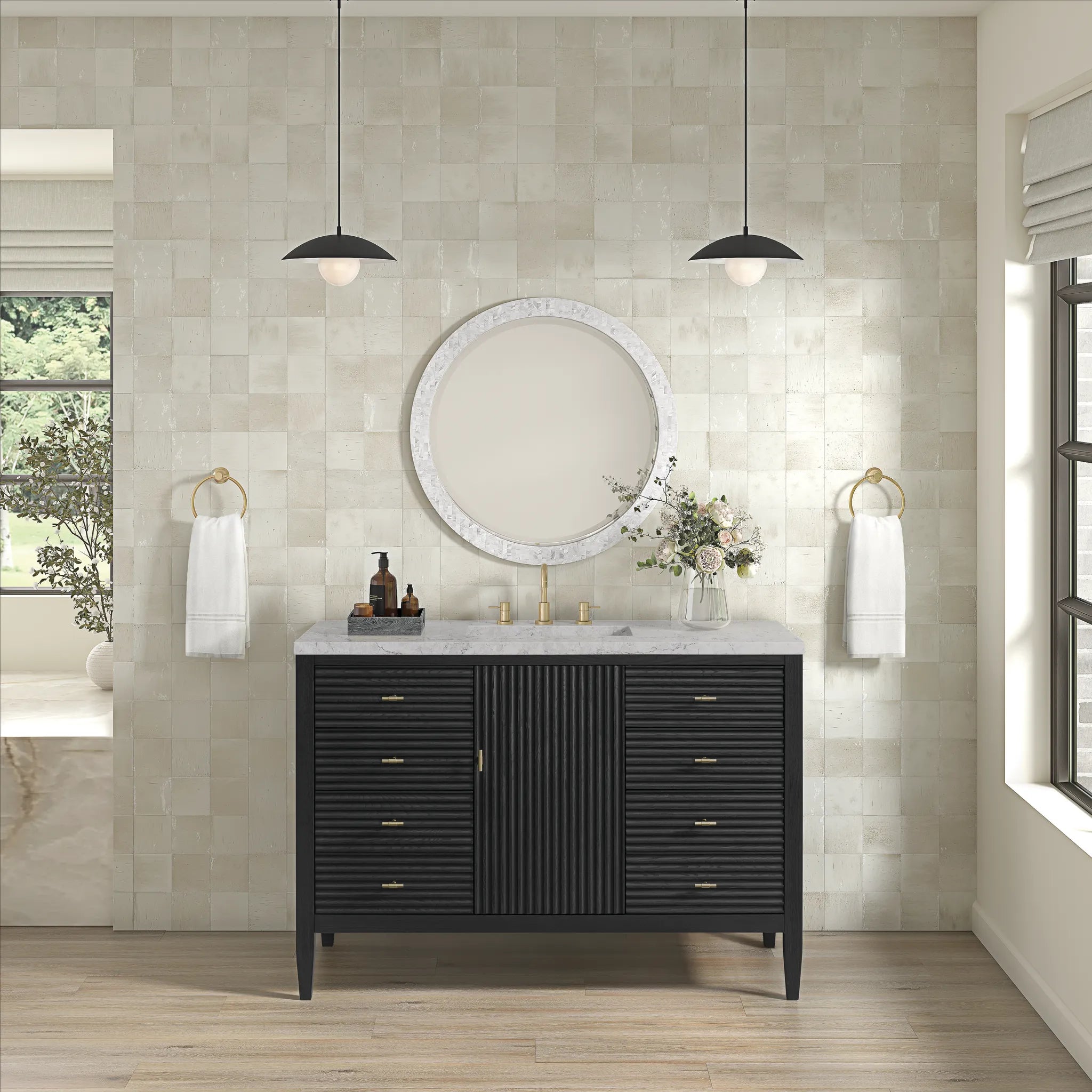 48" Myrrin Single Vanity in Carbon Oak w/FreePower Wireless Charger-Eternal Jasmine Pearl Silestone-8" Widespread image 5