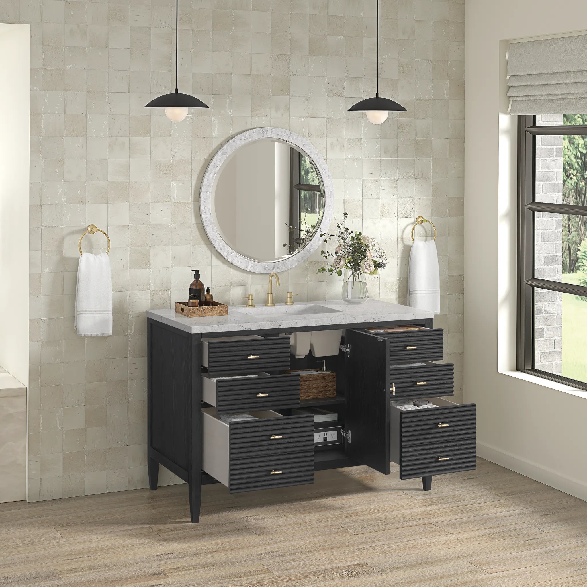 48" Myrrin Single Vanity in Carbon Oak w/FreePower Wireless Charger-Eternal Jasmine Pearl Silestone-8" Widespread image 7