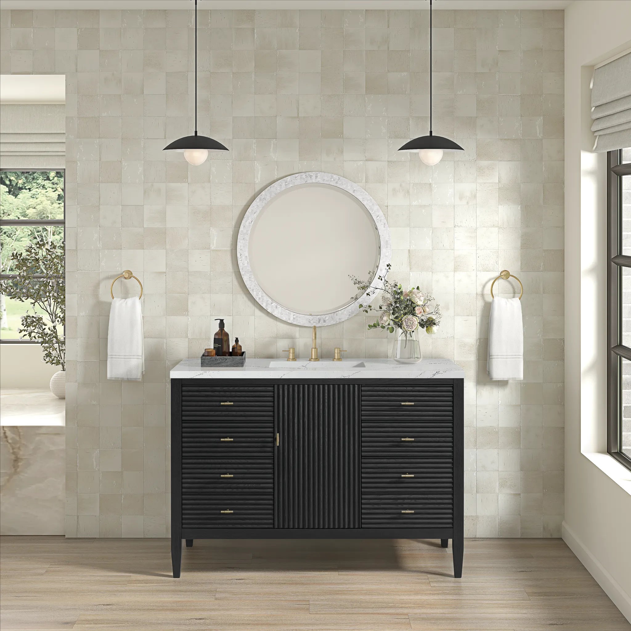 48" Myrrin Single Vanity in Carbon Oak w/FreePower Wireless Charger-Ethereal Noctis Silestone-8" Widespread image 5