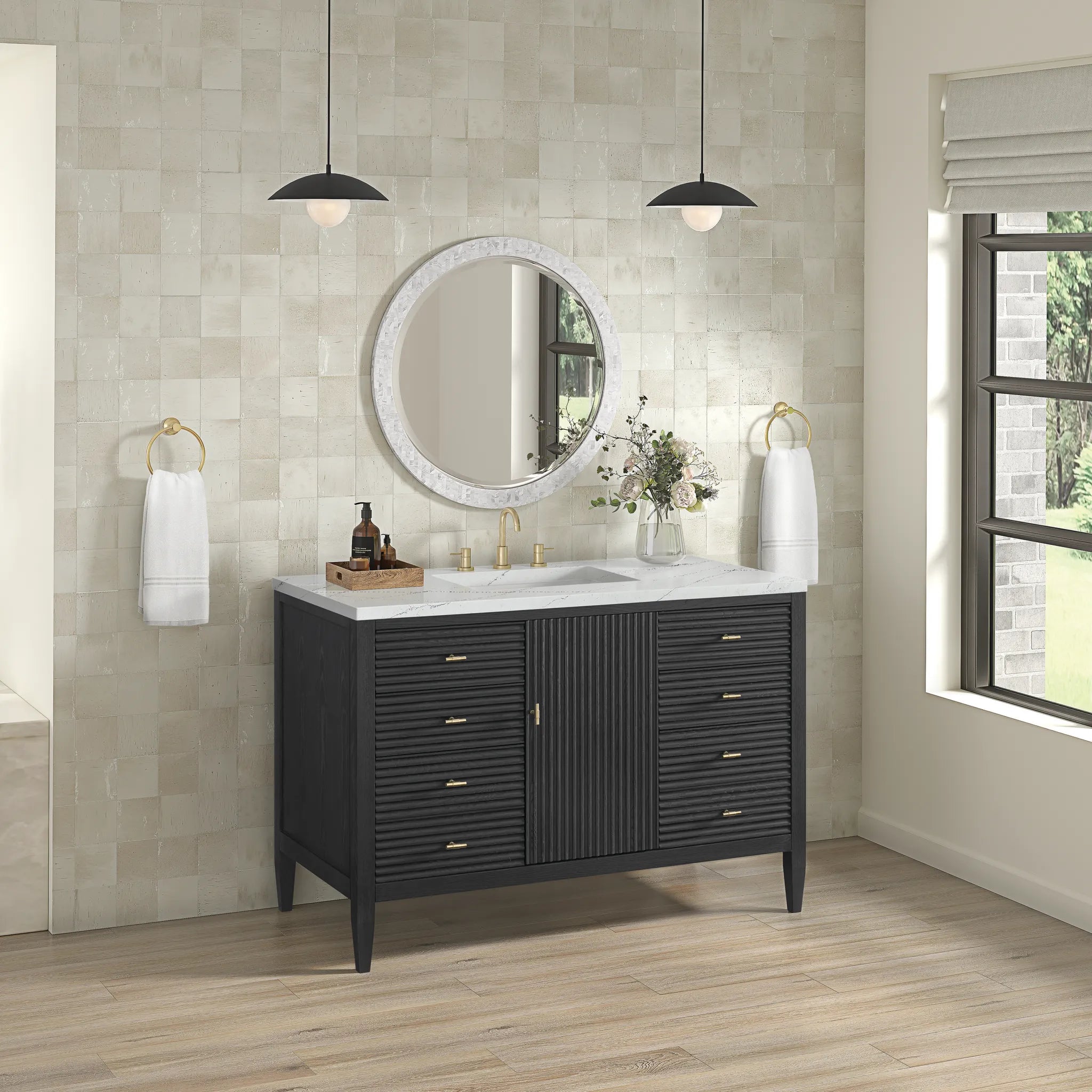 48" Myrrin Single Vanity in Carbon Oak w/FreePower Wireless Charger-Ethereal Noctis Silestone-8" Widespread image 6