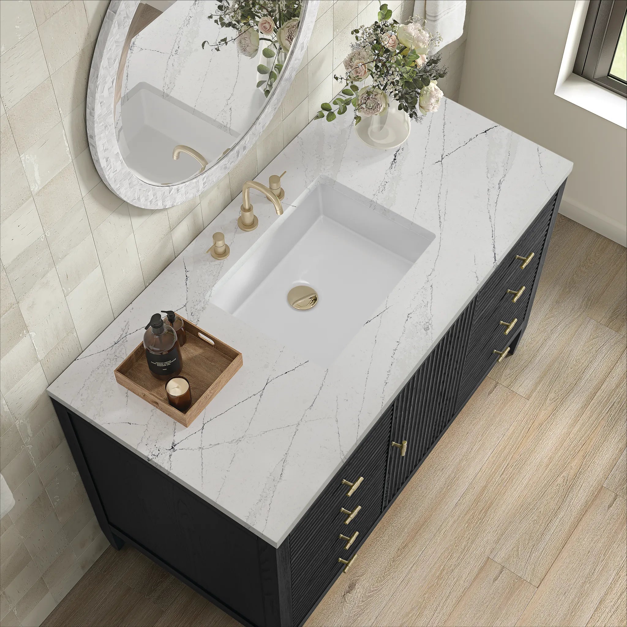 48" Myrrin Single Vanity in Carbon Oak w/FreePower Wireless Charger-Ethereal Noctis Silestone-8" Widespread image 9