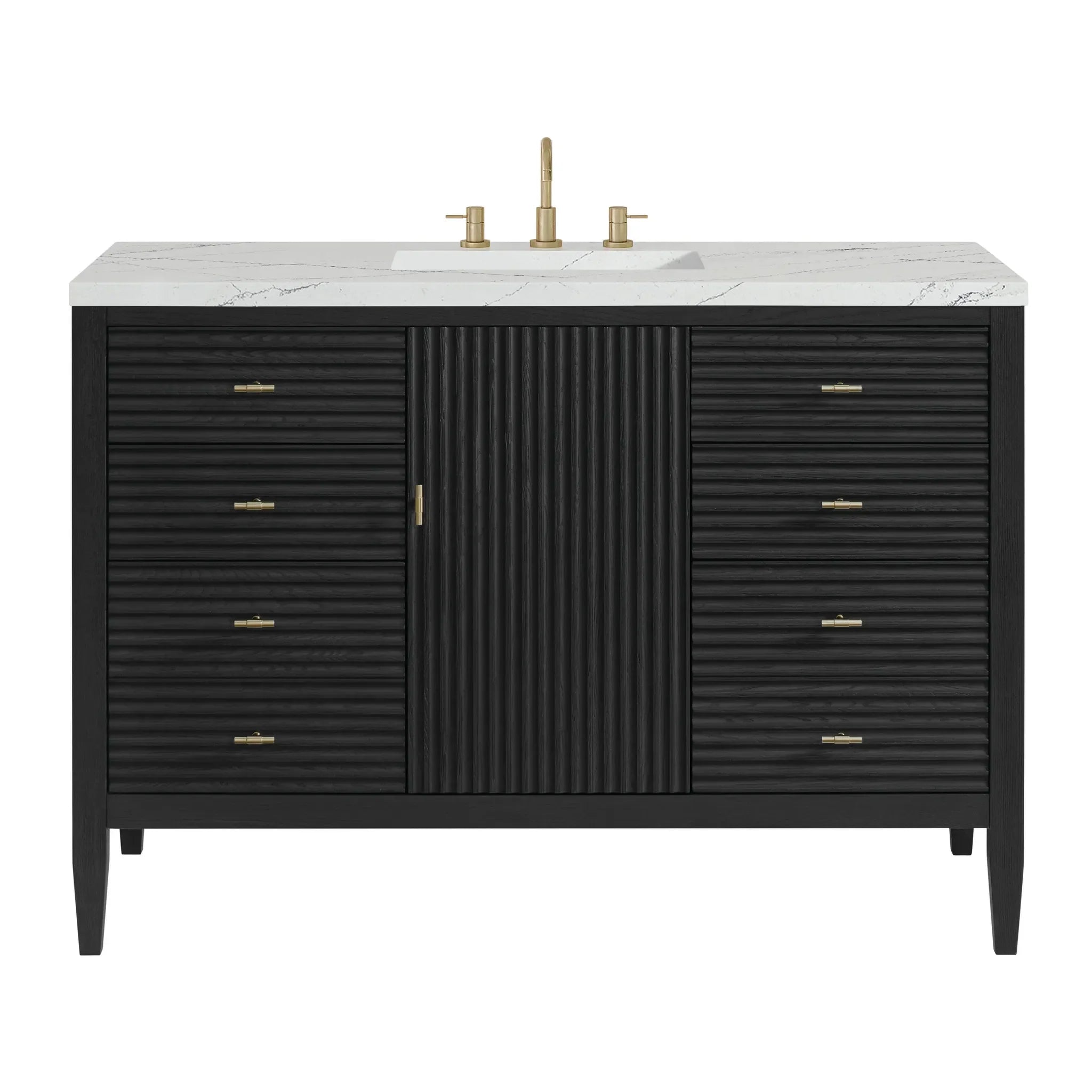 48" Myrrin Single Vanity in Carbon Oak w/FreePower Wireless Charger-Ethereal Noctis Silestone-8" Widespread image