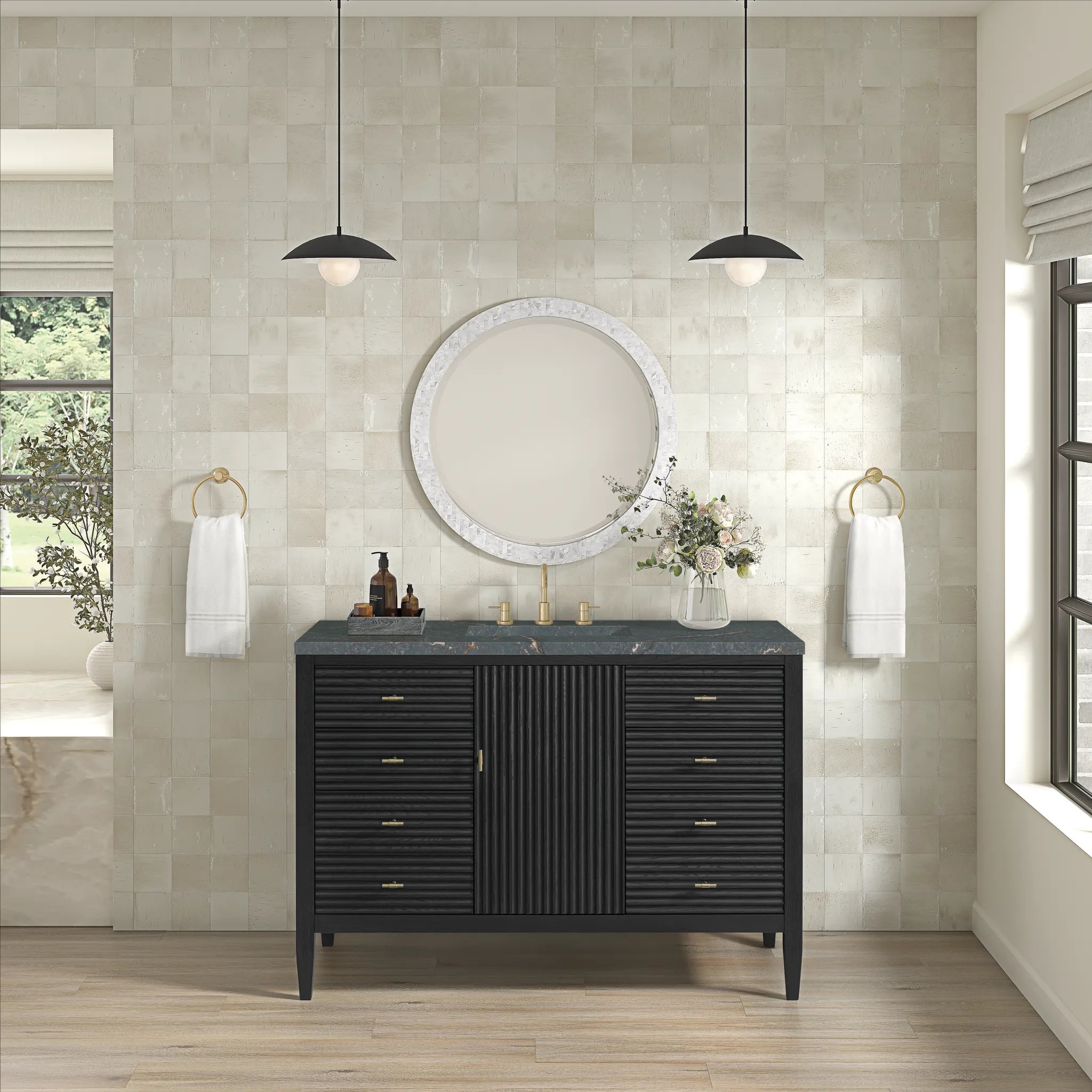 48" Myrrin Single Vanity in Carbon Oak w/FreePower Wireless Charger-Parisien Bleu Silestone-8" Widespread image 5