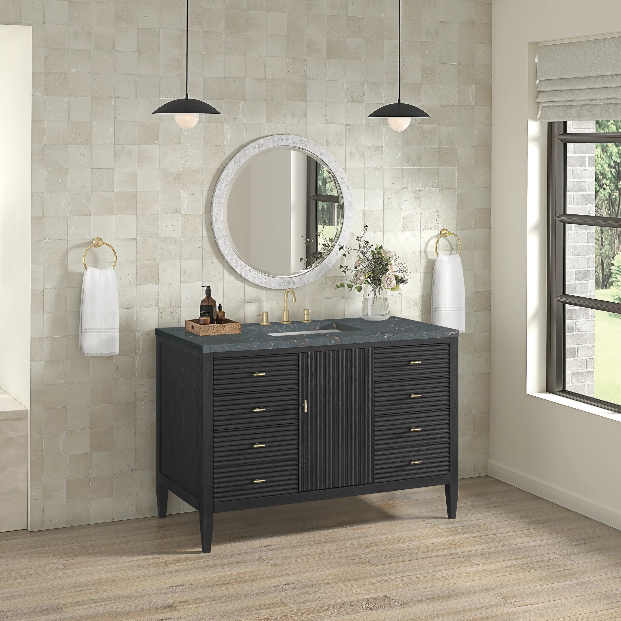 48" Myrrin Single Vanity in Carbon Oak w/FreePower Wireless Charger-Parisien Bleu Silestone-8" Widespread image 6