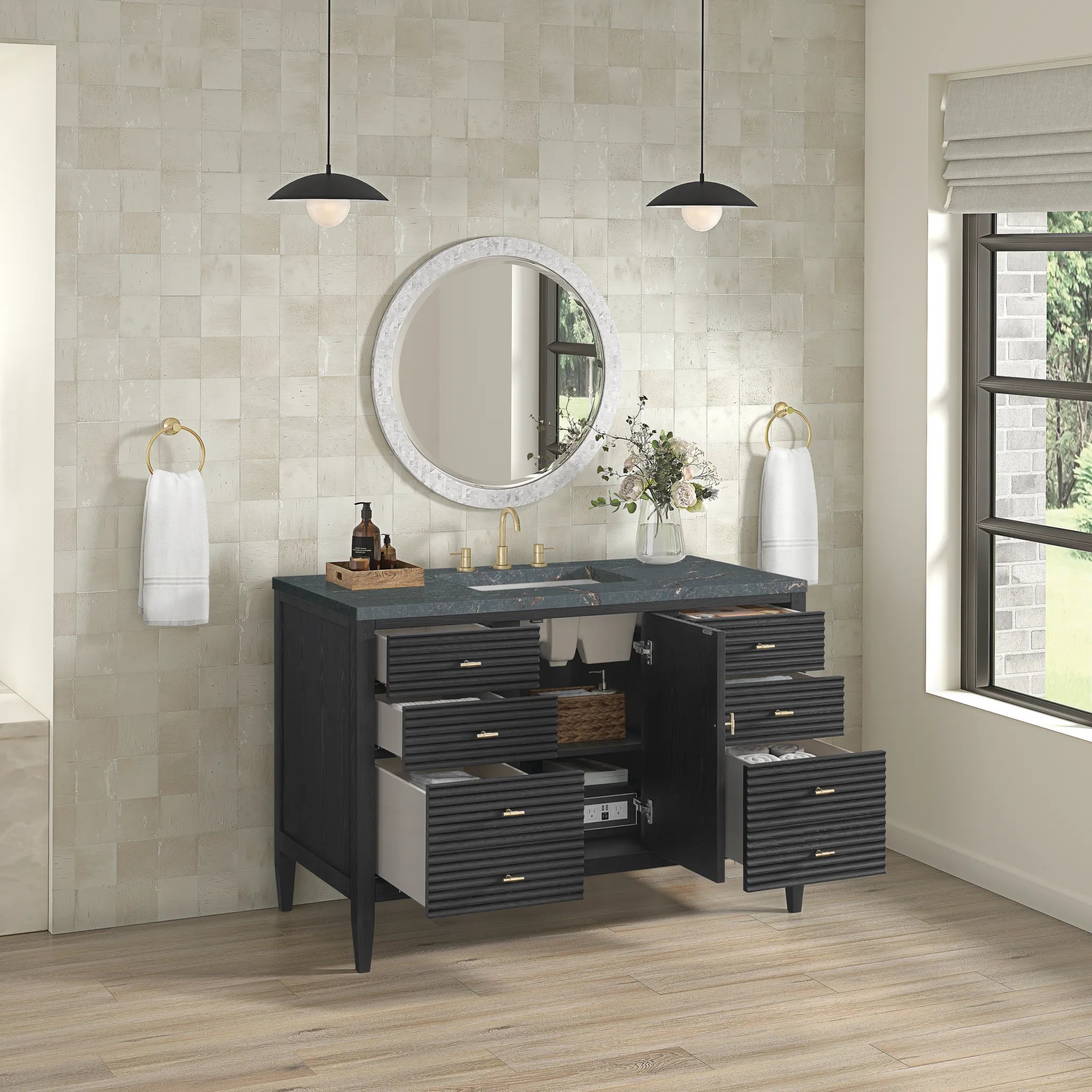 48" Myrrin Single Vanity in Carbon Oak w/FreePower Wireless Charger-Parisien Bleu Silestone-8" Widespread image 7
