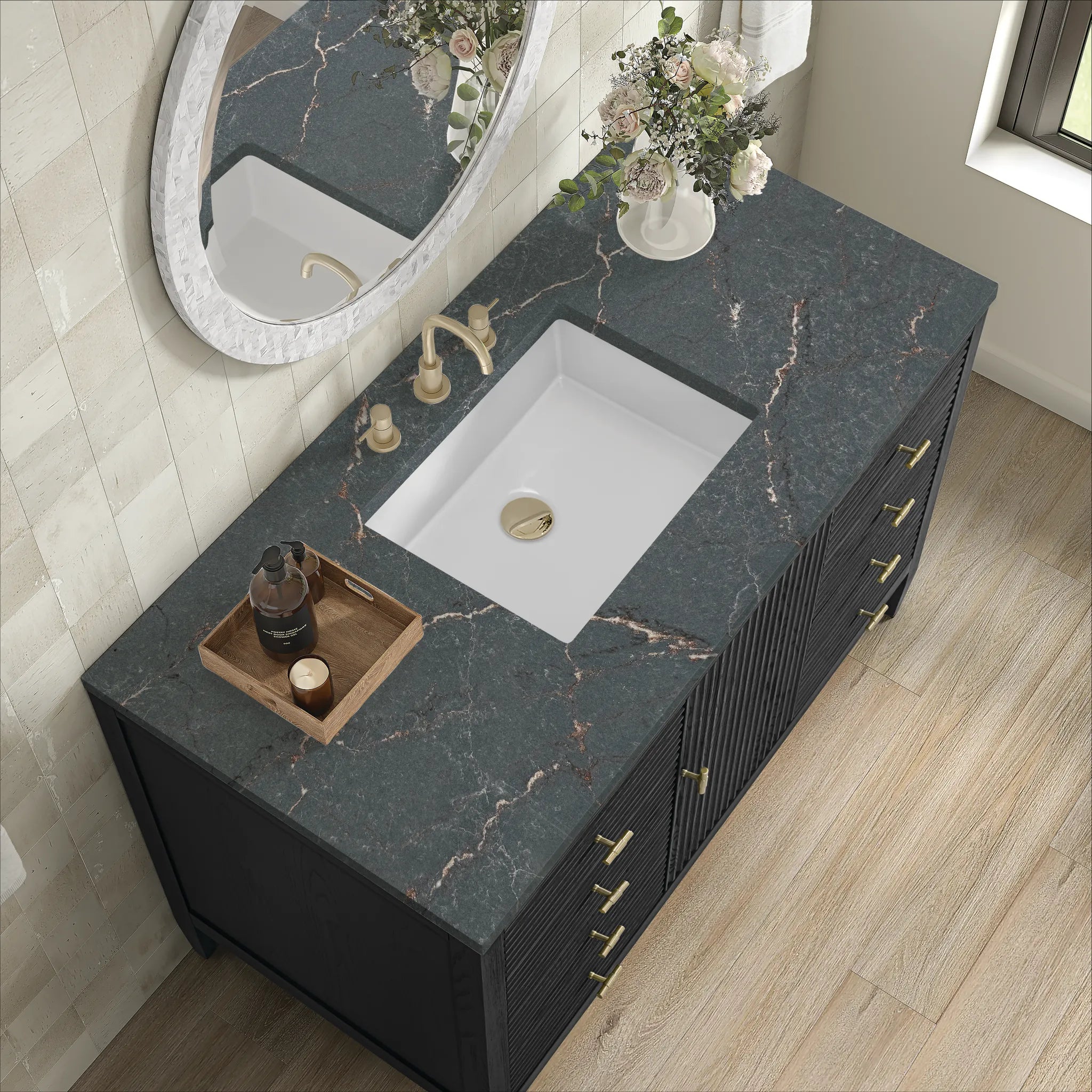 48" Myrrin Single Vanity in Carbon Oak w/FreePower Wireless Charger-Parisien Bleu Silestone-8" Widespread image 9