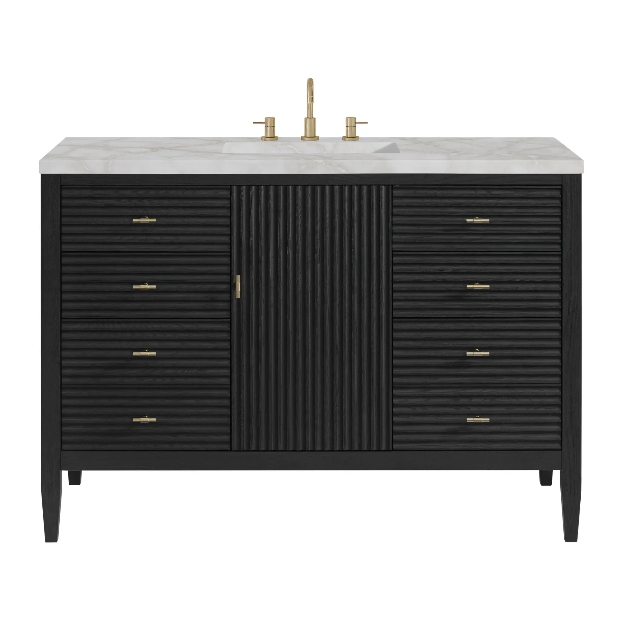 48" Myrrin Single Vanity in Carbon Oak w/FreePower Wireless Charger-Victorian Silver Silestone-8" Widespread image