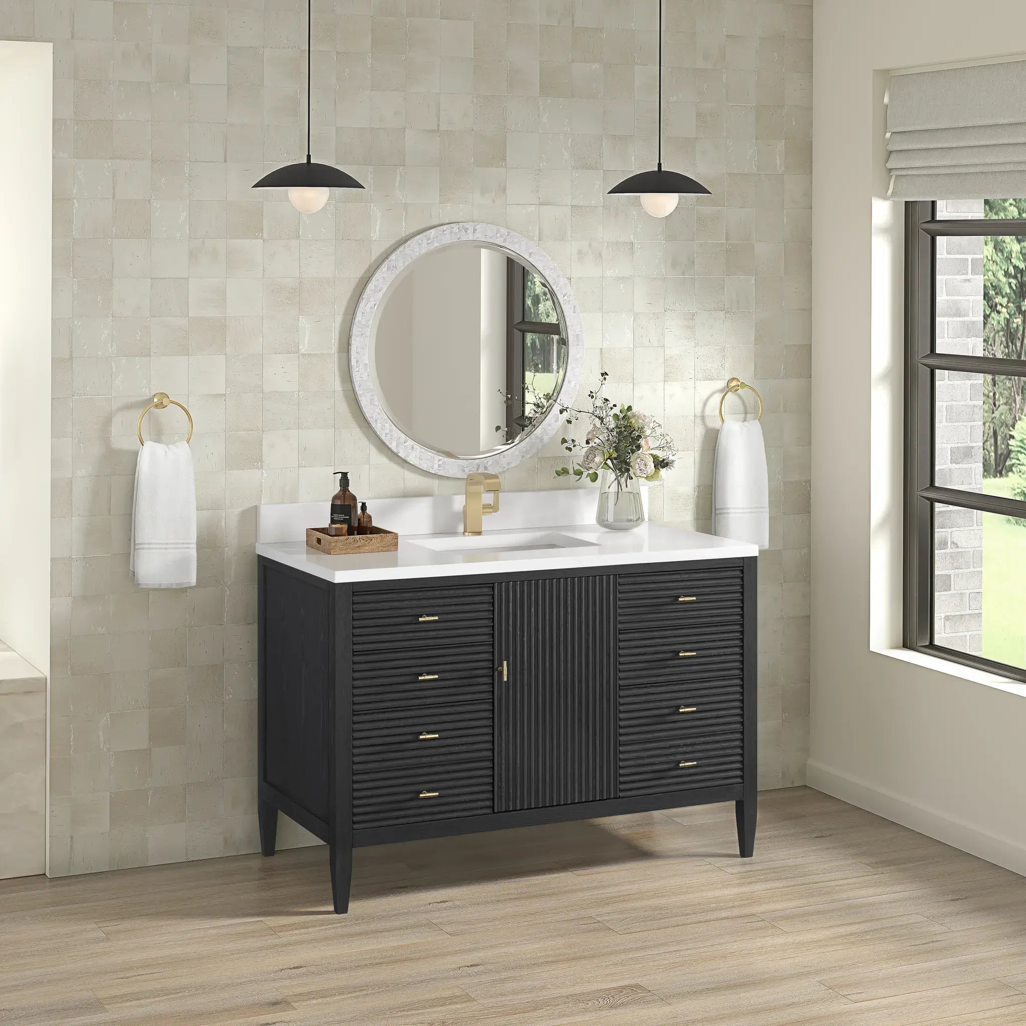 48" Myrrin Single Vanity in Carbon Oak-White Zeus Silestone-8" Widespread image 3