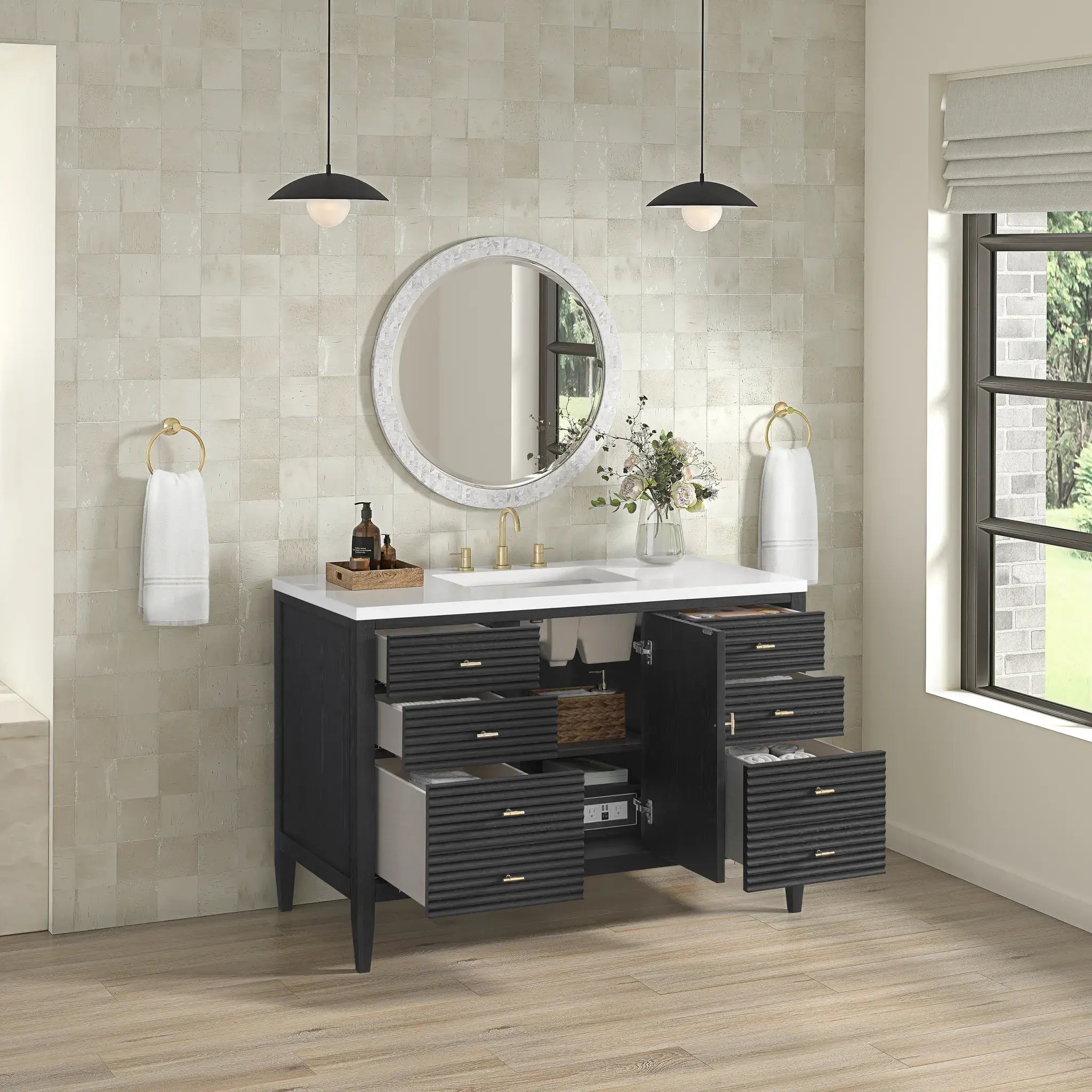 48" Myrrin Single Vanity in Carbon Oak-White Zeus Silestone-8" Widespread image 4