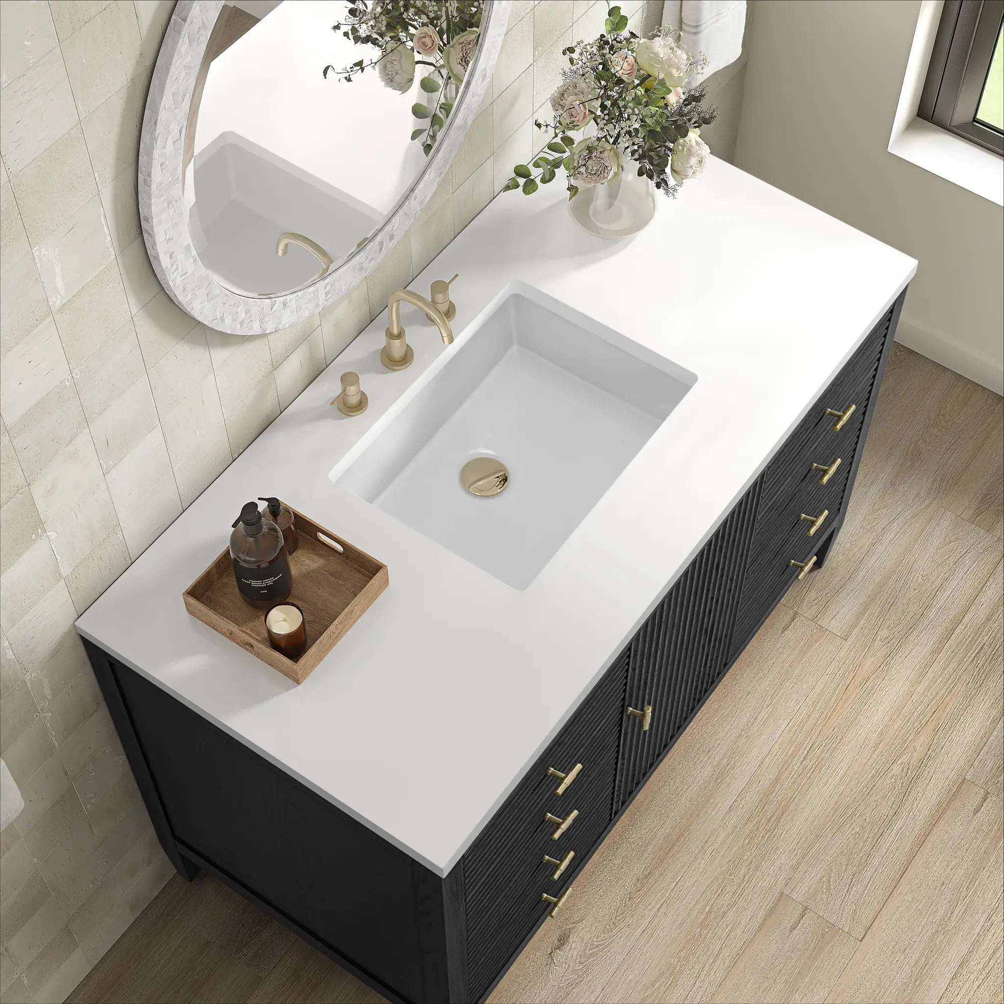 48" Myrrin Single Vanity in Carbon Oak-White Zeus Silestone-8" Widespread image 6