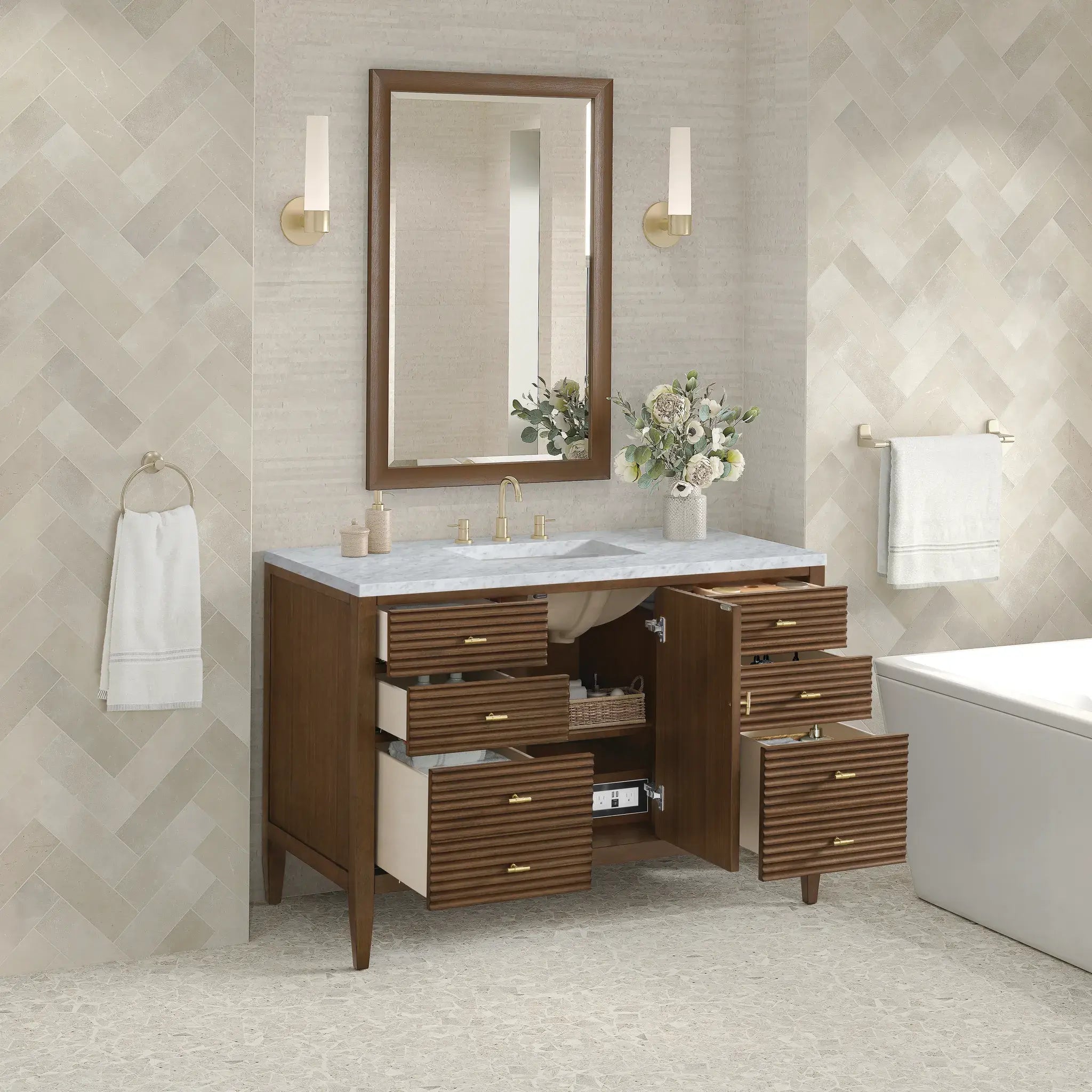 48" Myrrin Single Vanity in Mid Century Walnut-Carrara White Marble-8" Widespread image 4