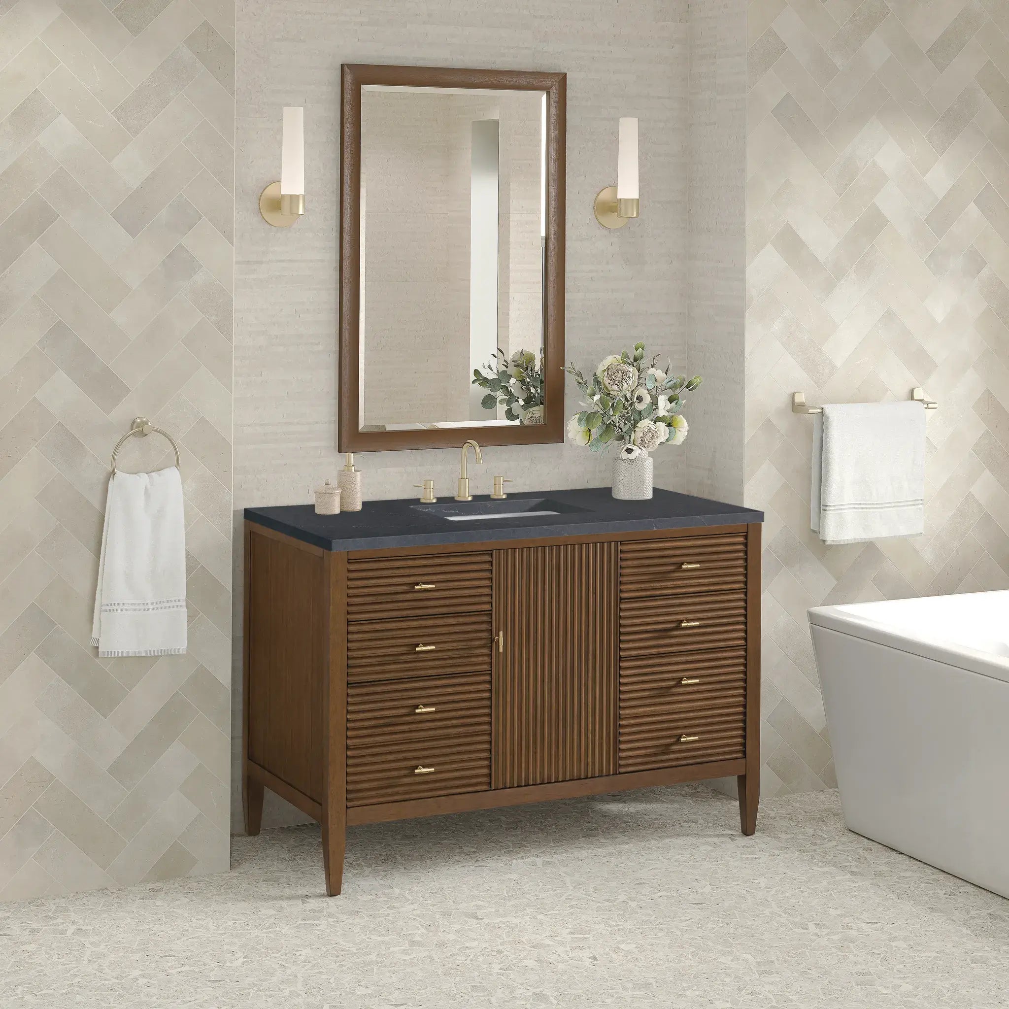 48" Myrrin Single Vanity in Mid Century Walnut-Charcoal Soapstone Silestone-8" Widespread image 3