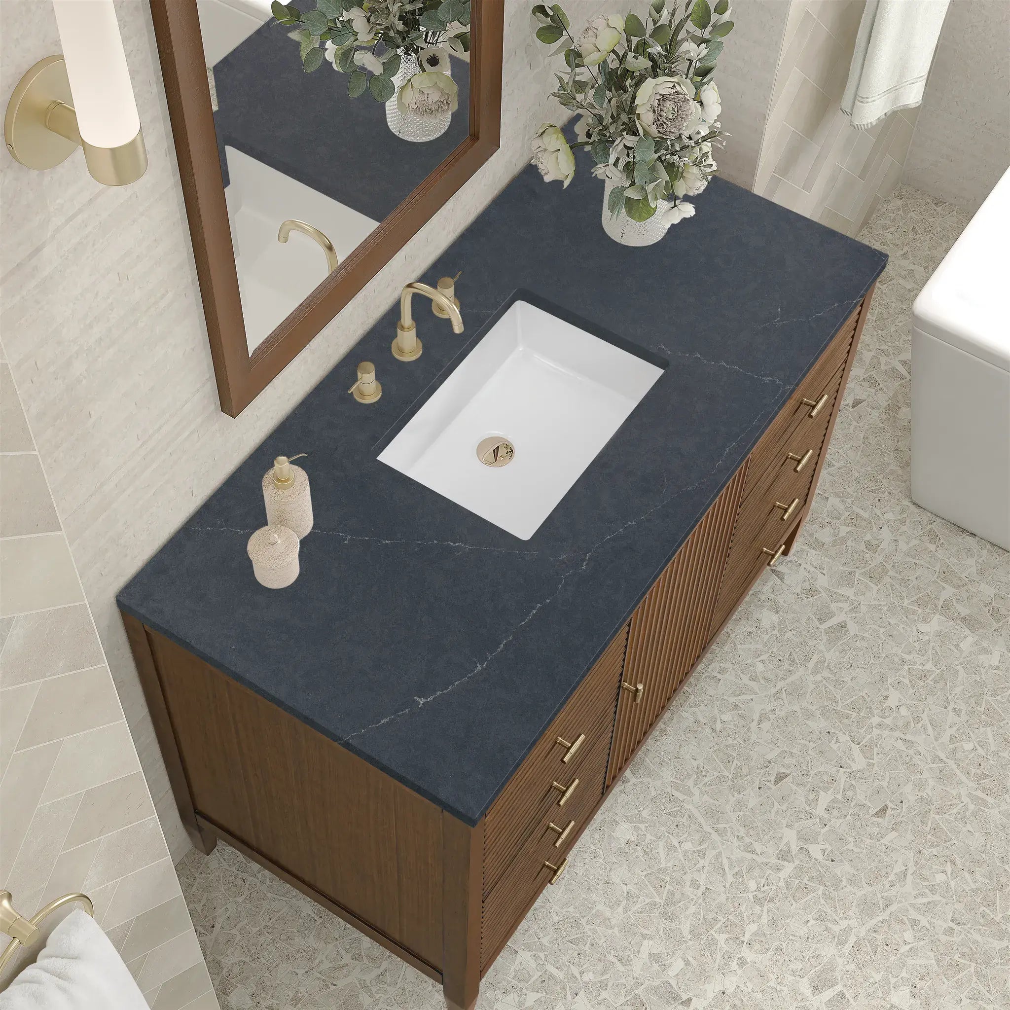 48" Myrrin Single Vanity in Mid Century Walnut-Charcoal Soapstone Silestone-8" Widespread image 6